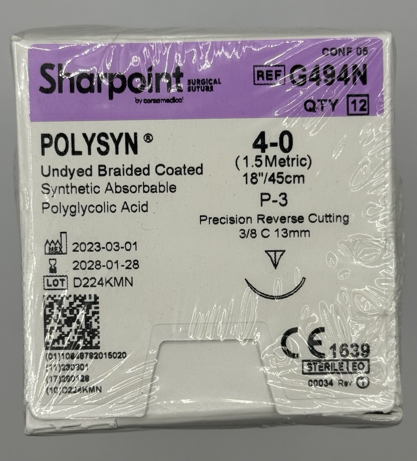 Sharpoint Polysyn 4-0 Absorbable Suture P-3 Reverse Cutting REF G494N