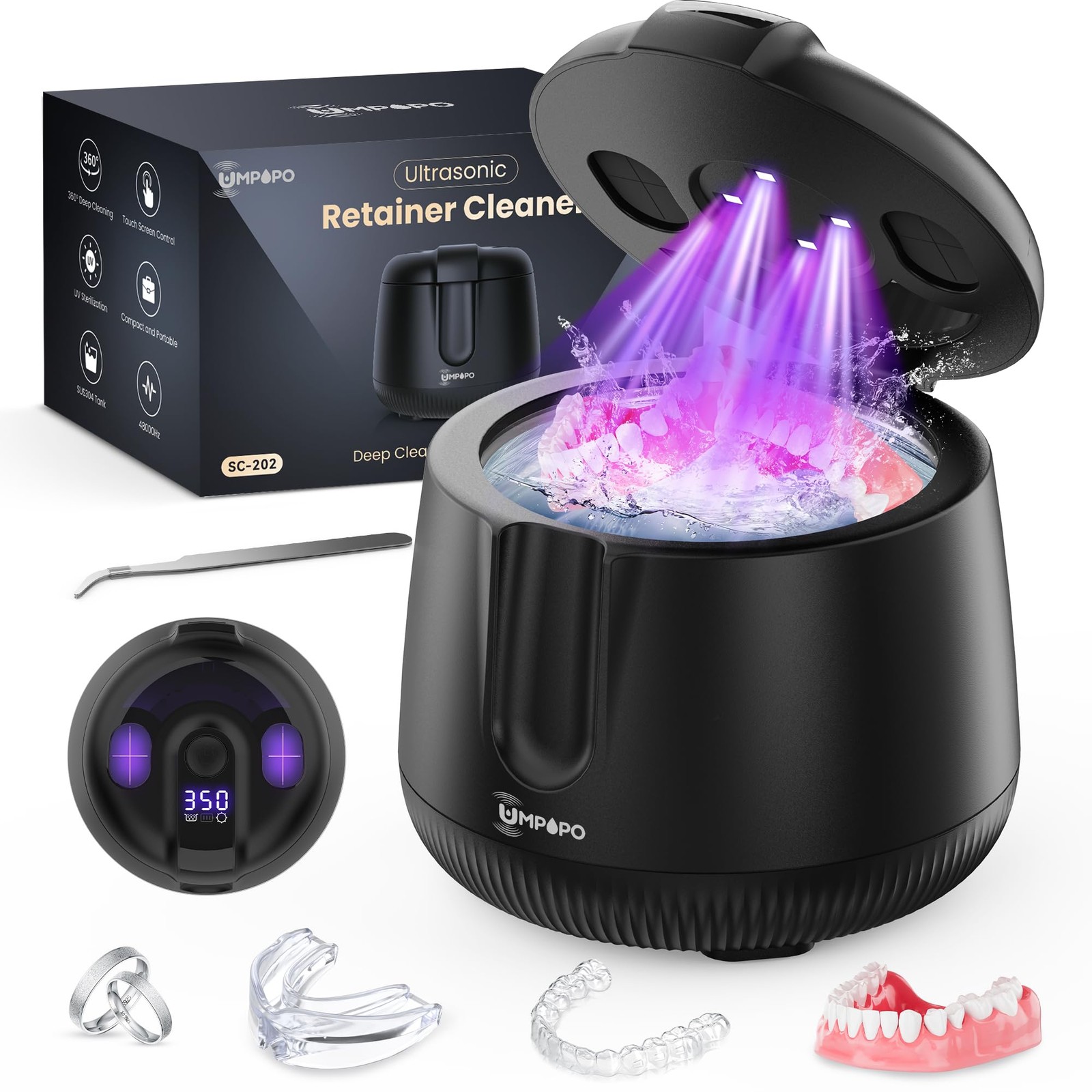 UMPOPO Ultrasonic Retainer Cleaner Machine 48kHz, Dental Cleaning Pod, Black