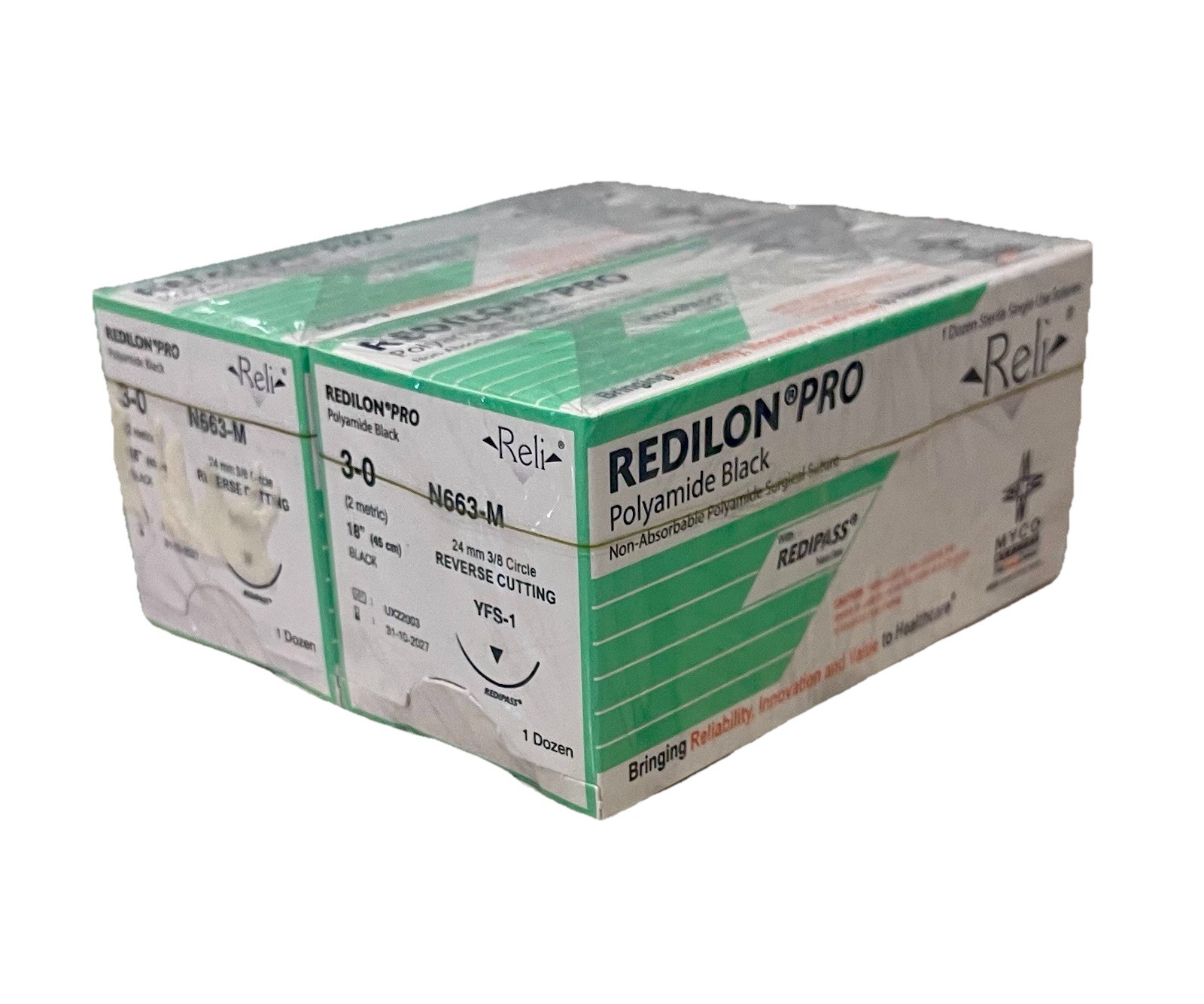Reli Redilon Pro 3-0 Nylon Sutures N663-M 24mm RC 18” EXP 2027 Lot of 24