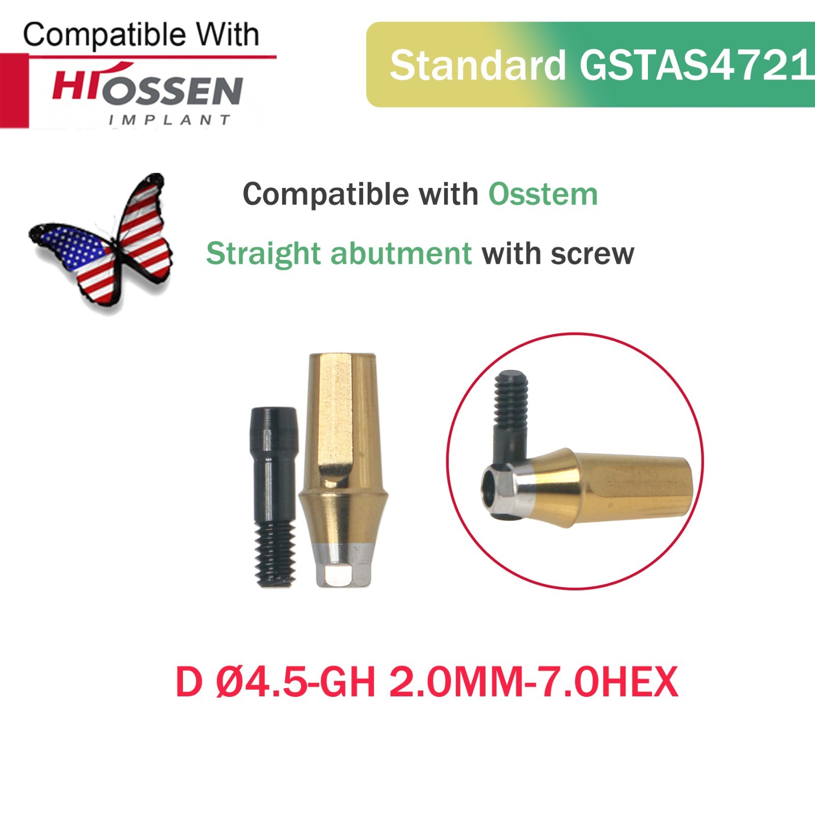 US Dental Regular Straight Abutment Ø4.5mm GH 1-5mm Screw for Osstem Hiossen ET