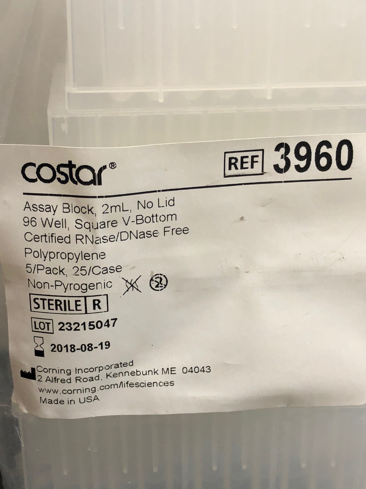 Costar Assay Block 2mL No Lid 96 Well Square V-Bottom 3960 5/Pk