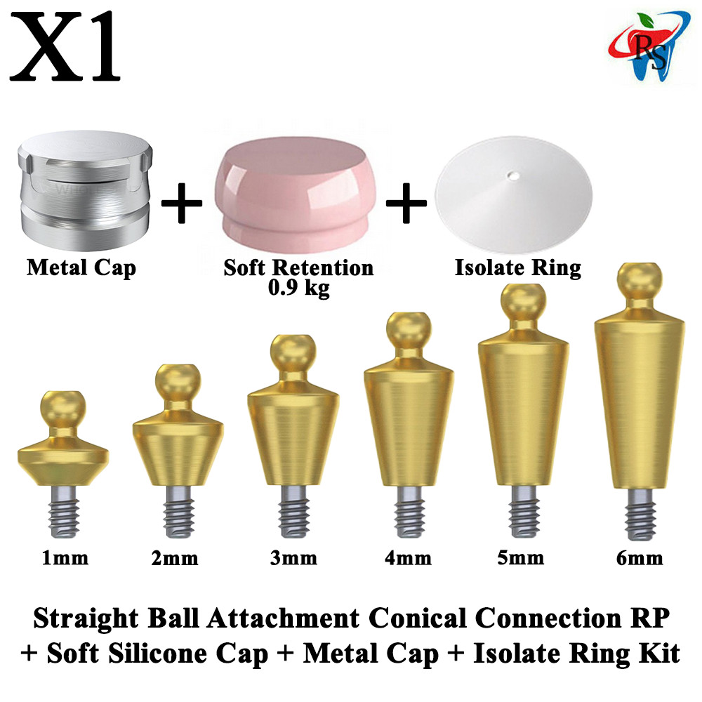 1x Kit Dental Straight Ball Attachment Conical RP Soft Silicone Metal Cap Ring