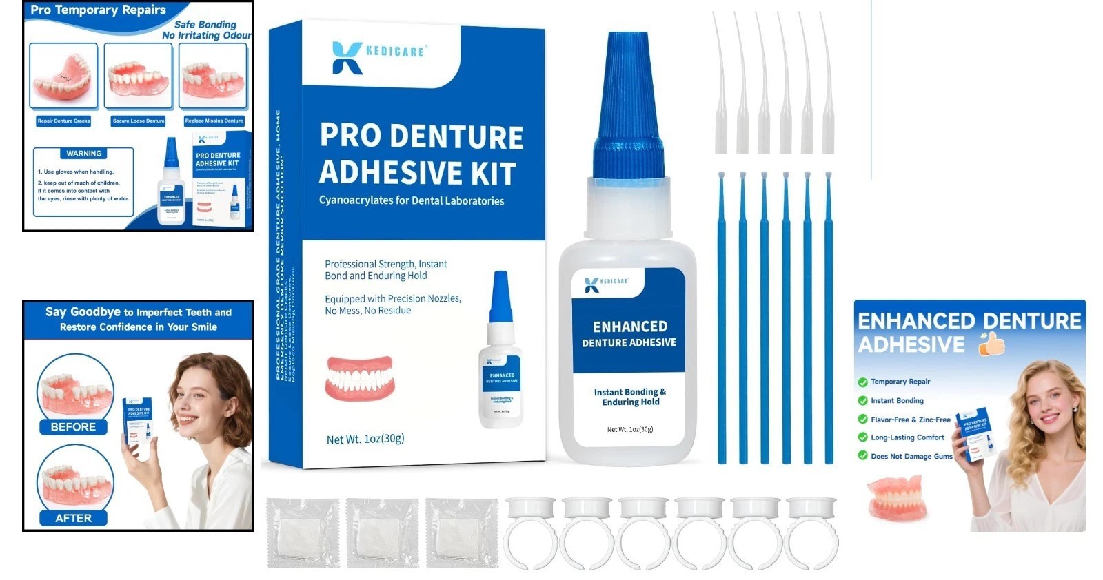 Dental Lab Denture Repair Adhesive Kit, 1oz Pro Instant Bonding Denture Glue for