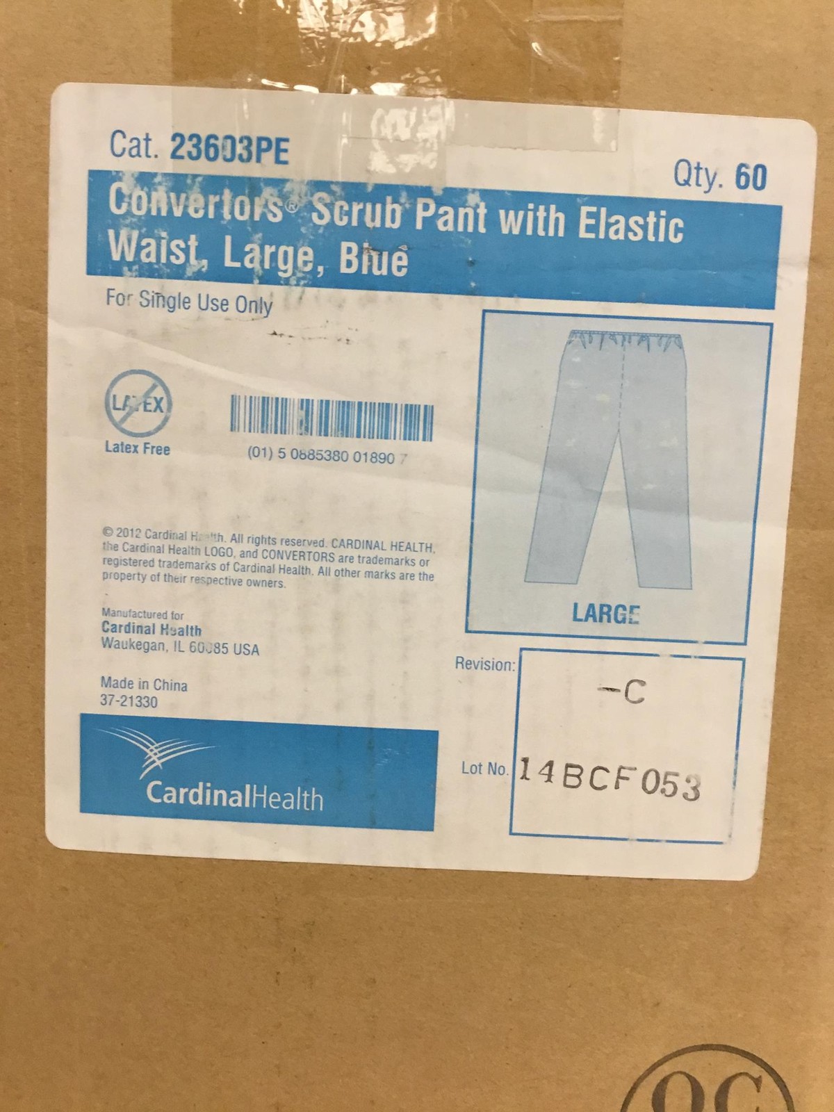 NEW Cardinal Health 23603PE Convertors Scrub Pant Large W/Elastic Waist, 45/Case