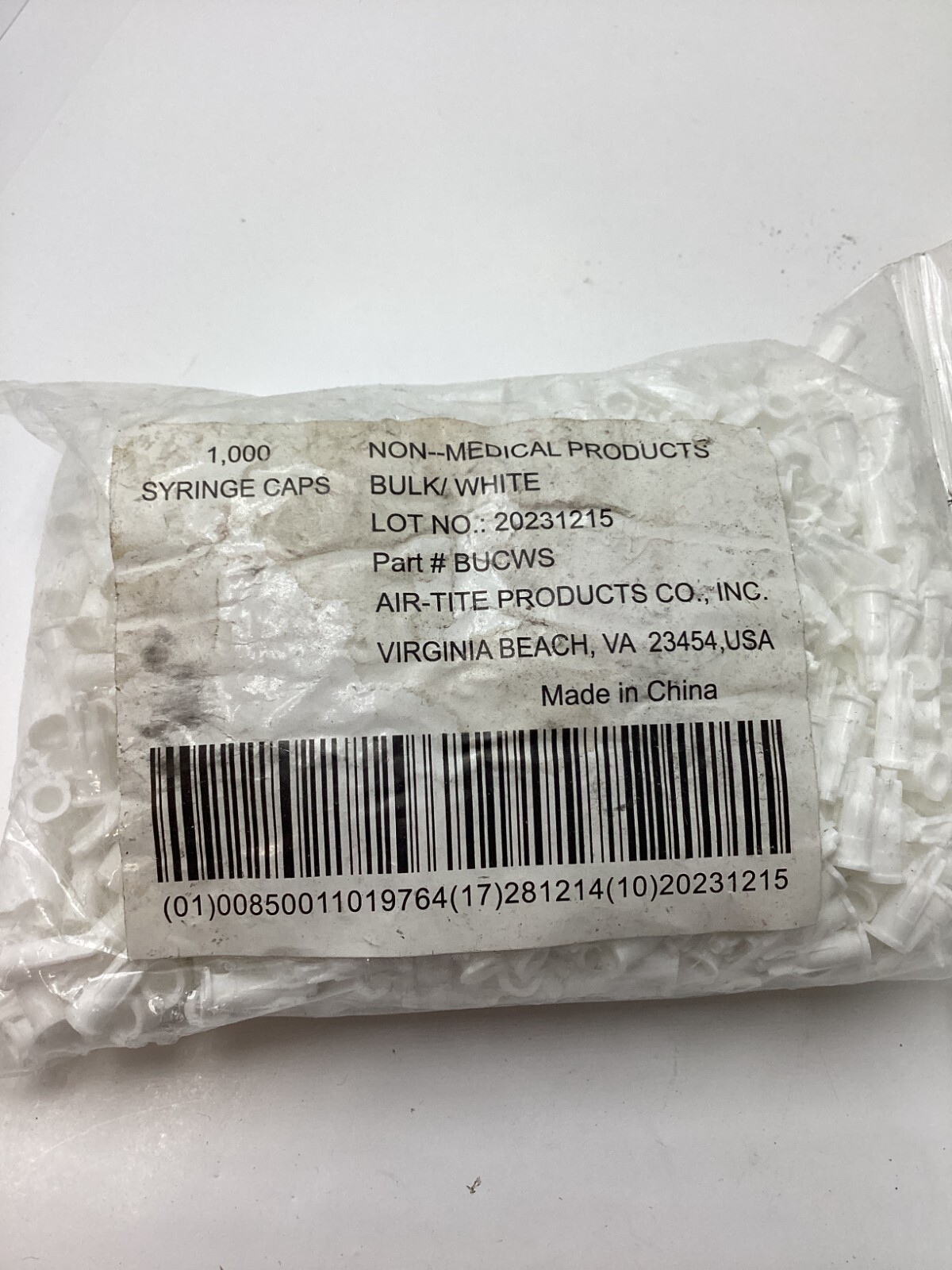 2 Pack of 1000 Air-Tite #BUCWS Plastic Syringe Caps White Stopper