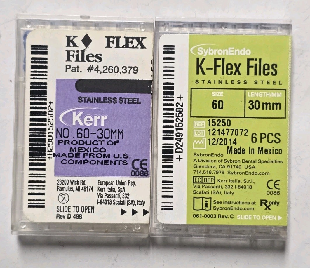 2 x Kerr Sybron Endo Dental Size 60 30mm Stainless Steel K-FLEX 6 File Box