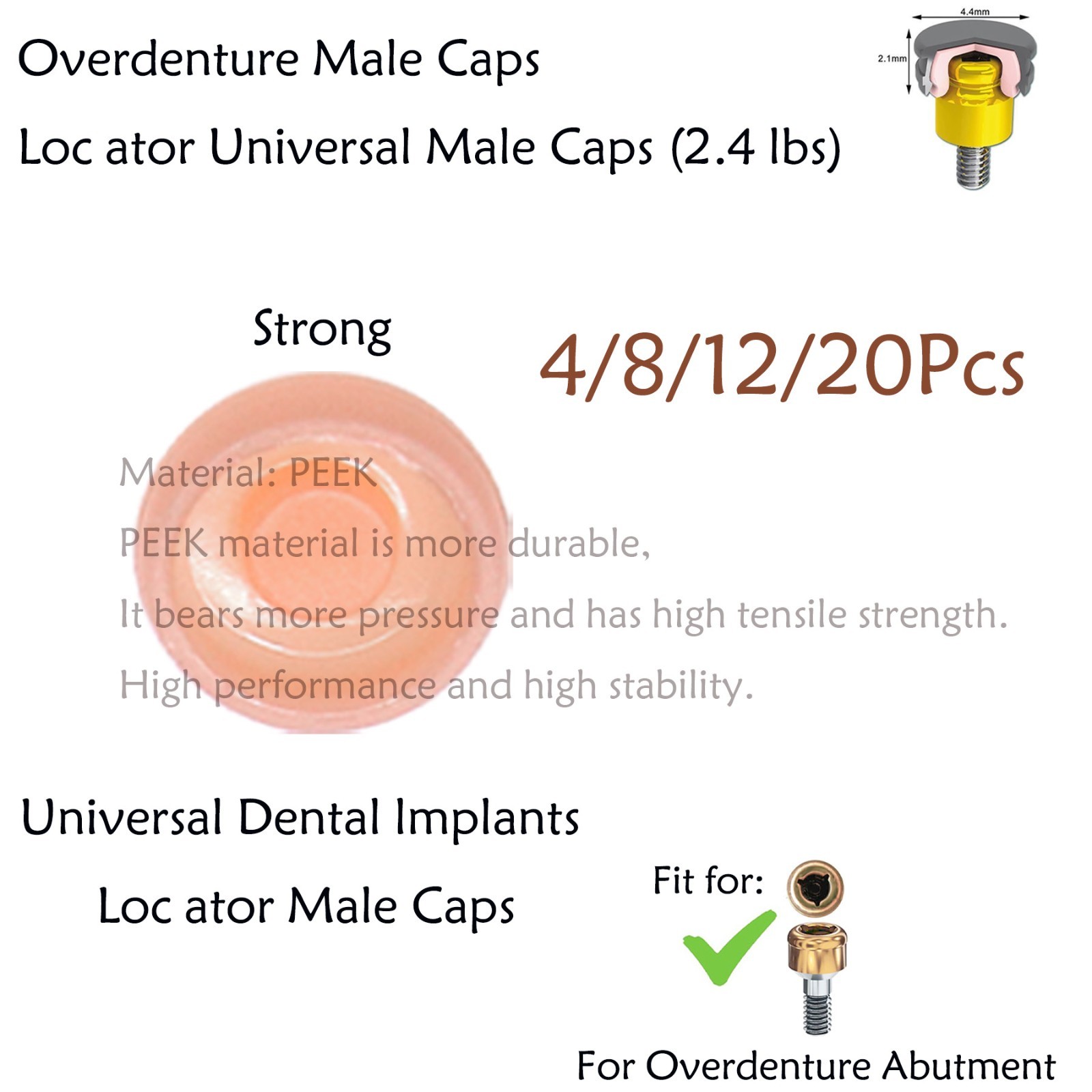 Dental Overdenture Locator Abutments Retention Caps Implant Male Cap Inserts Set