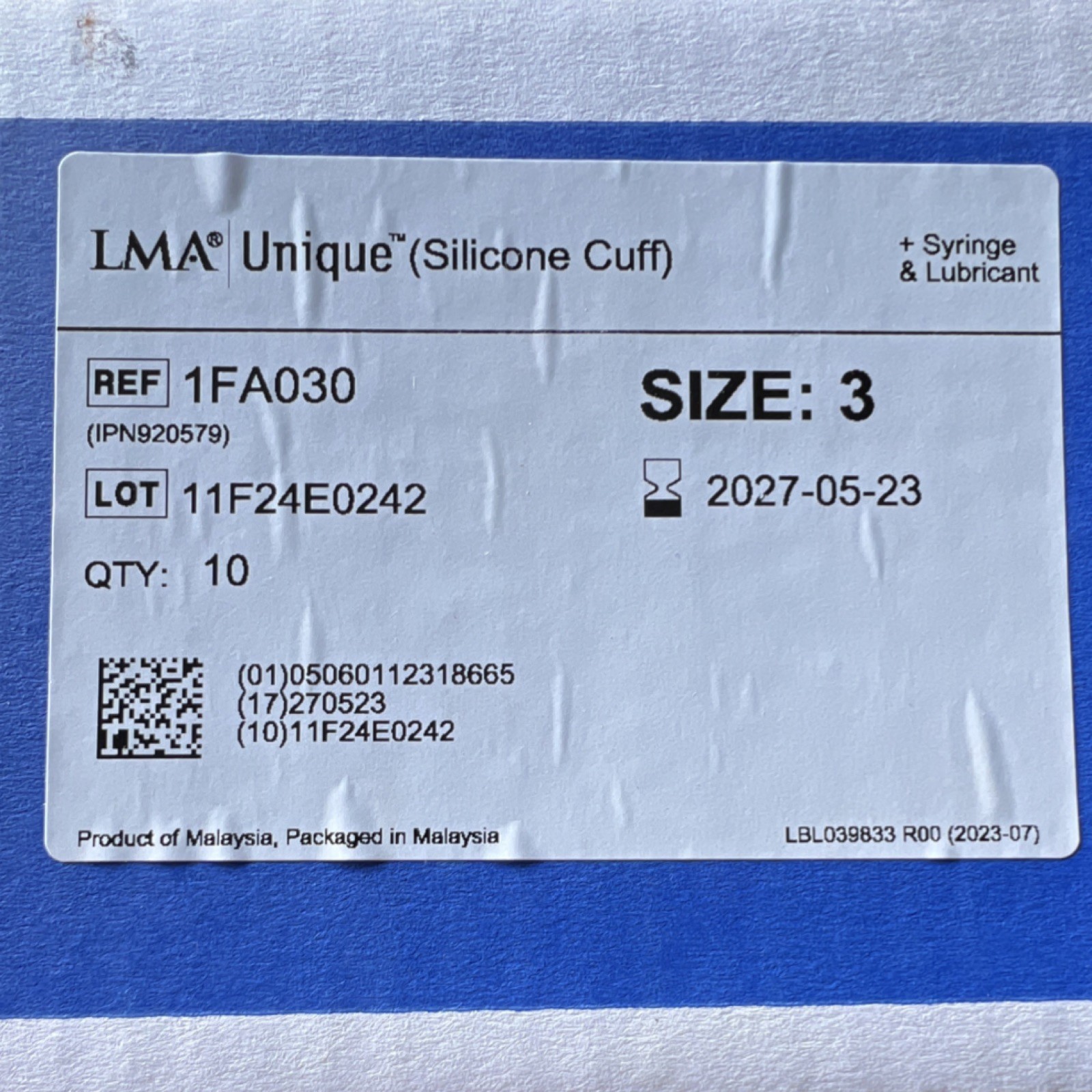 Teleflex LMA Unique Silicone Cuff Size 3 1FA030 Box of 10 Anesthesiology