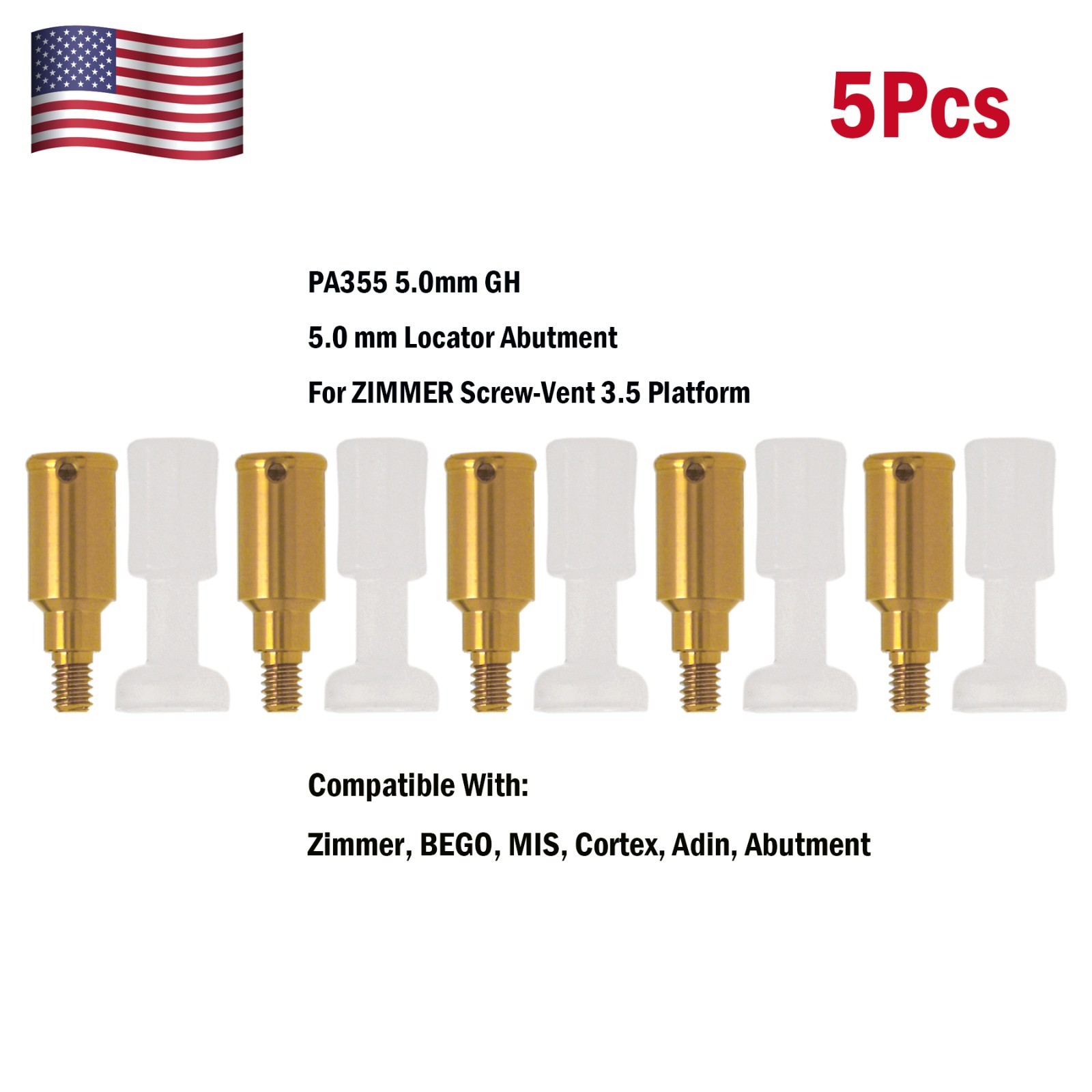 US Locator Abutment GH 5mm Tapered Screw-vent 3.5 fit Zimmer Adin MIS Implants