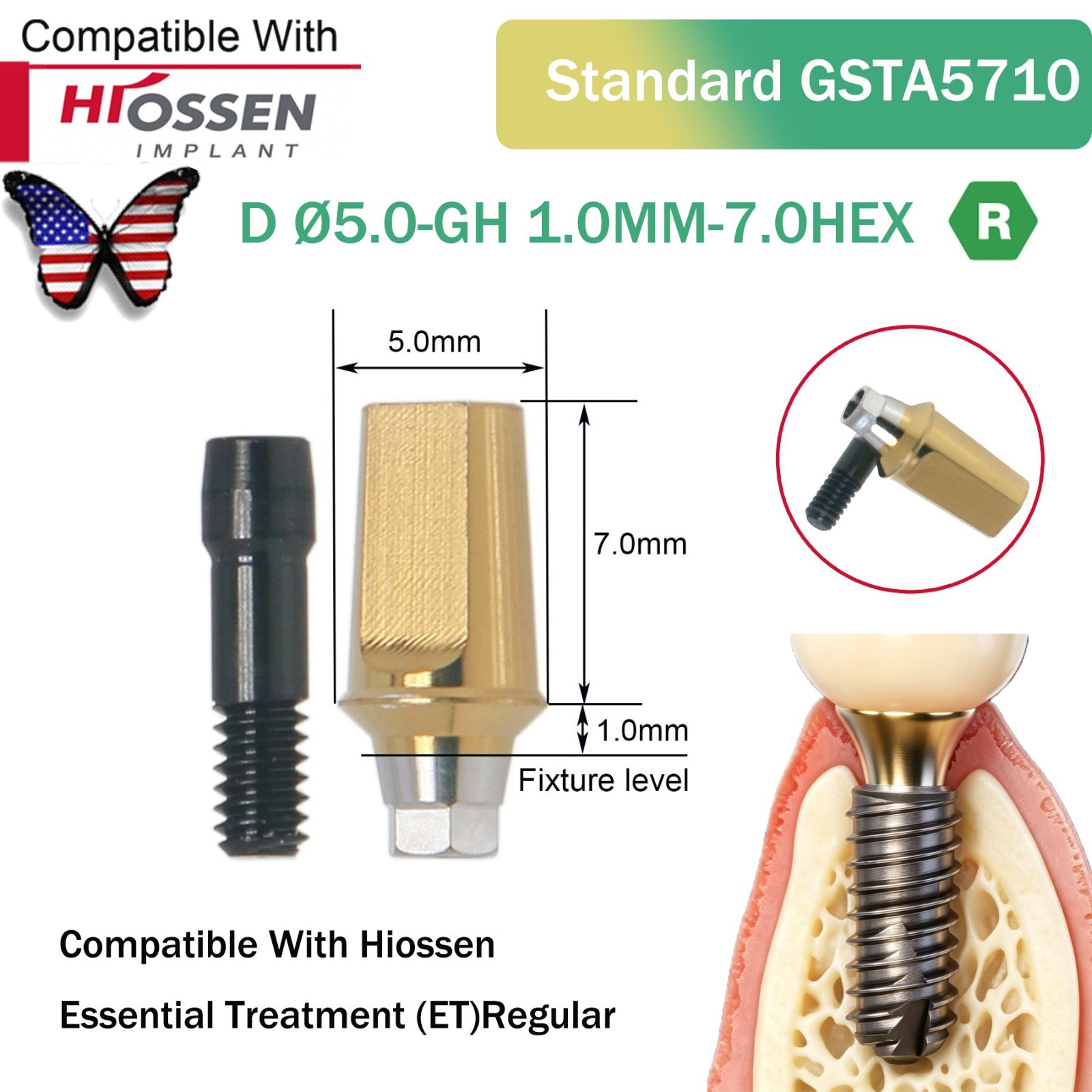 Dental Titanium Straight Abutment Fit Osstem Hiossen ET Regular Cement Retained