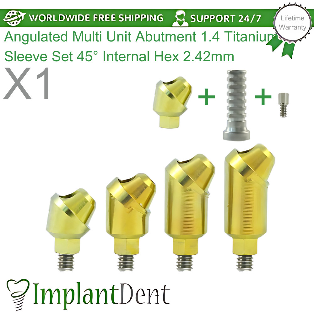 1x Dental Angulated Multi Unit 1.4mm Titanium Sleeve Set 45° Int Hex 2.42mm
