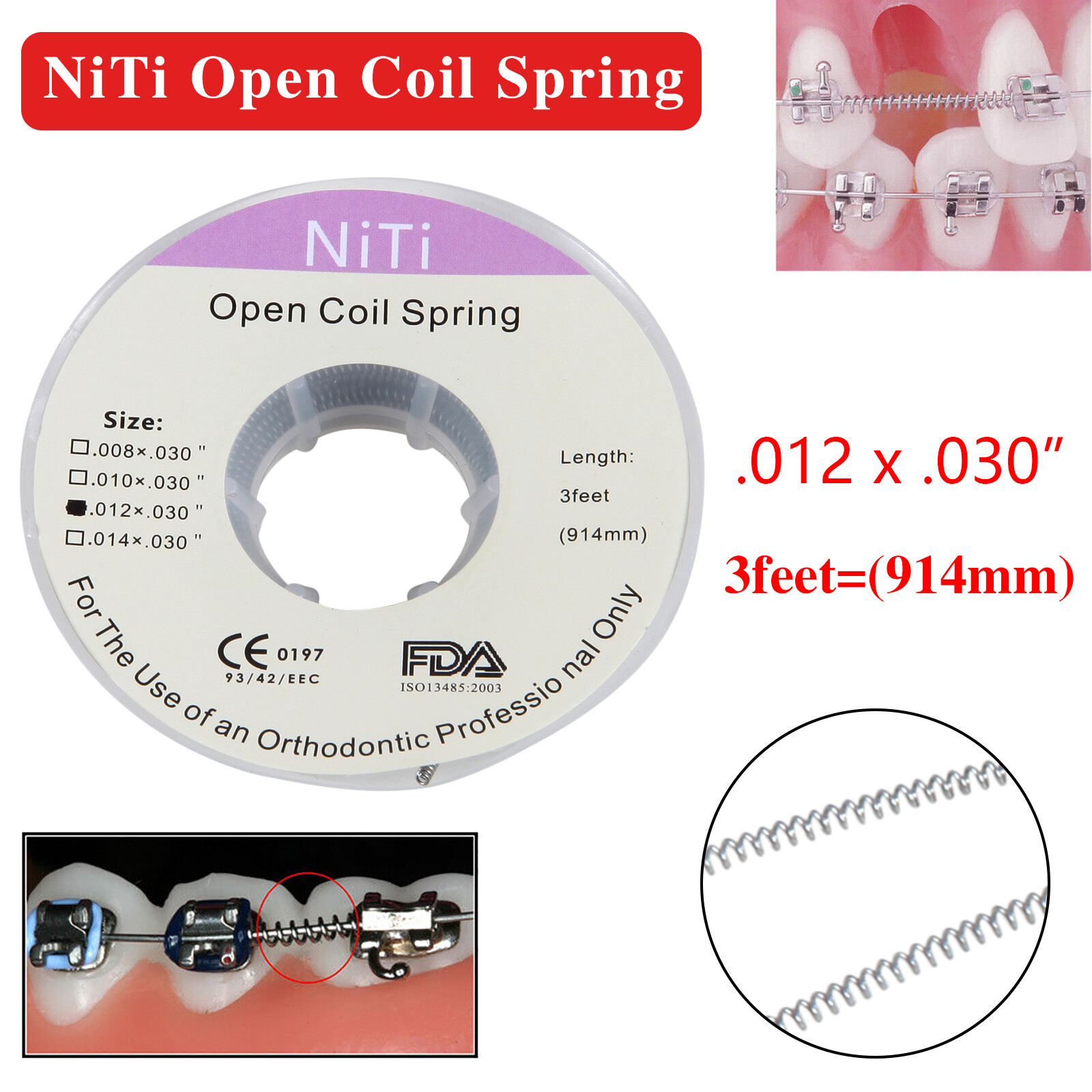 Dental Orthodontic Niti Open Coil Spring Spool Dia.012 *030 ” inch 914mm OR