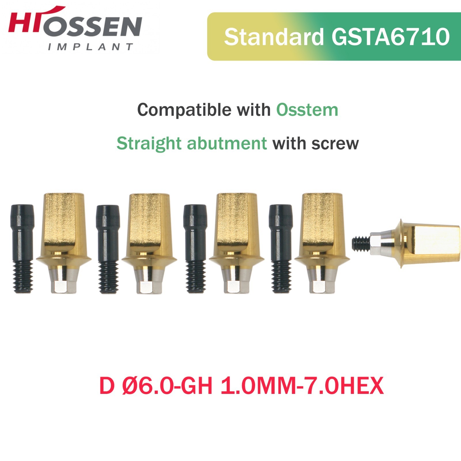 US Dental Straight Transfer Abutment Regular Ø6.0 mm Hex GH 1–6 mm Hiossen ET