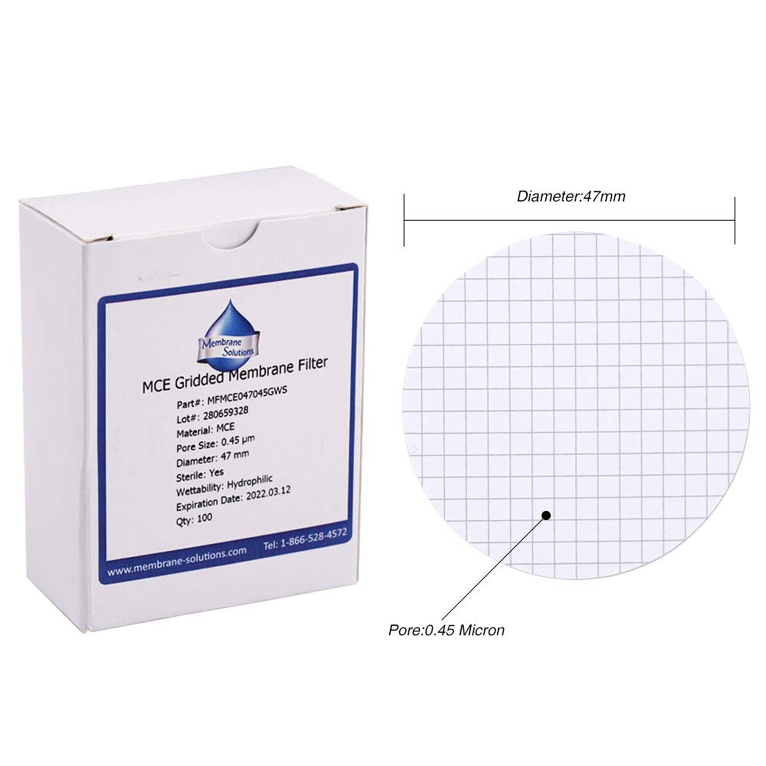 1000pcs MCE Membrane Filter Sterile 3.1mm Black Grid 0.45µm/47mm Hydrophilic LAB