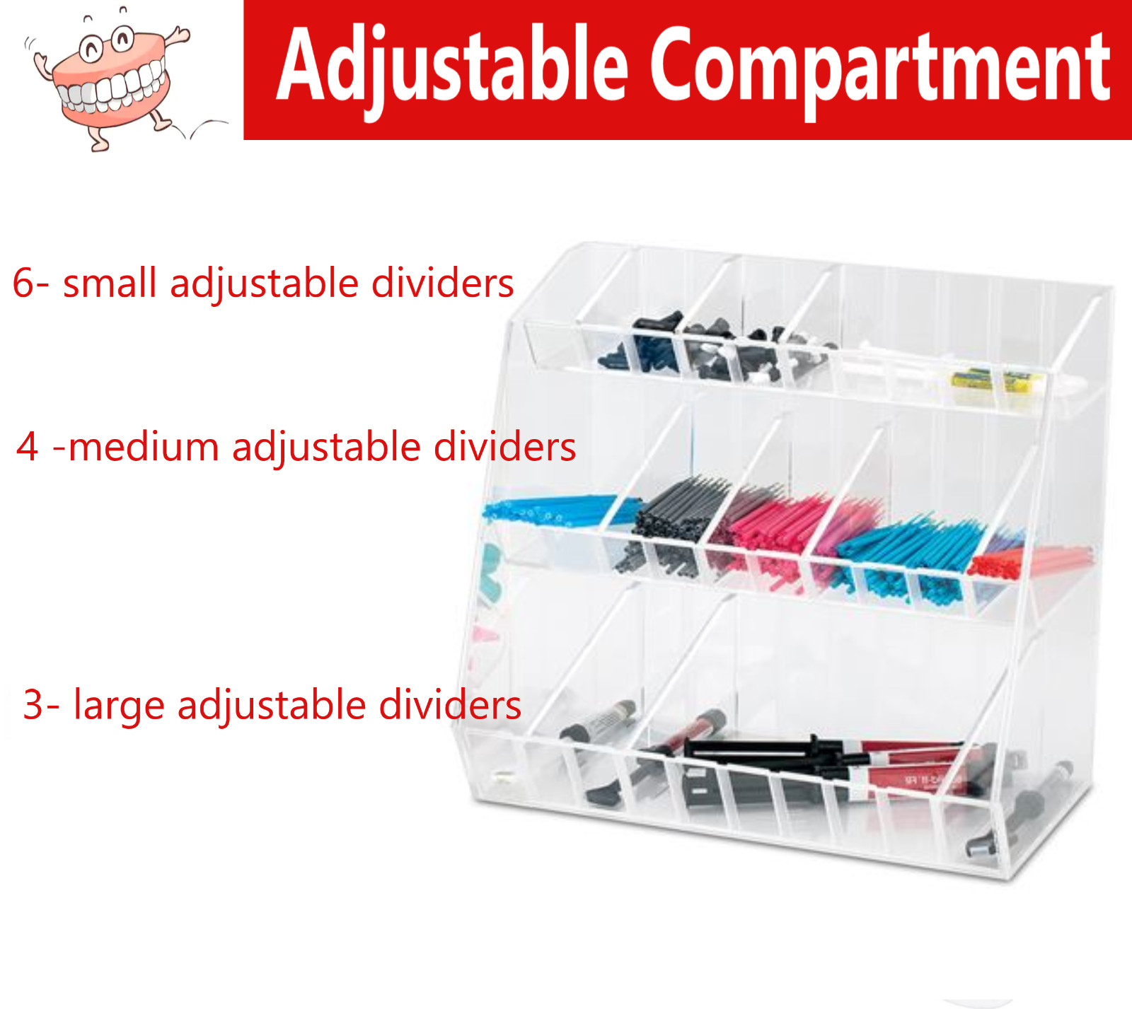 Dental Fully Adjustable Compartment Organizer, 3 Level Acrylic Sturdy Holder SPA