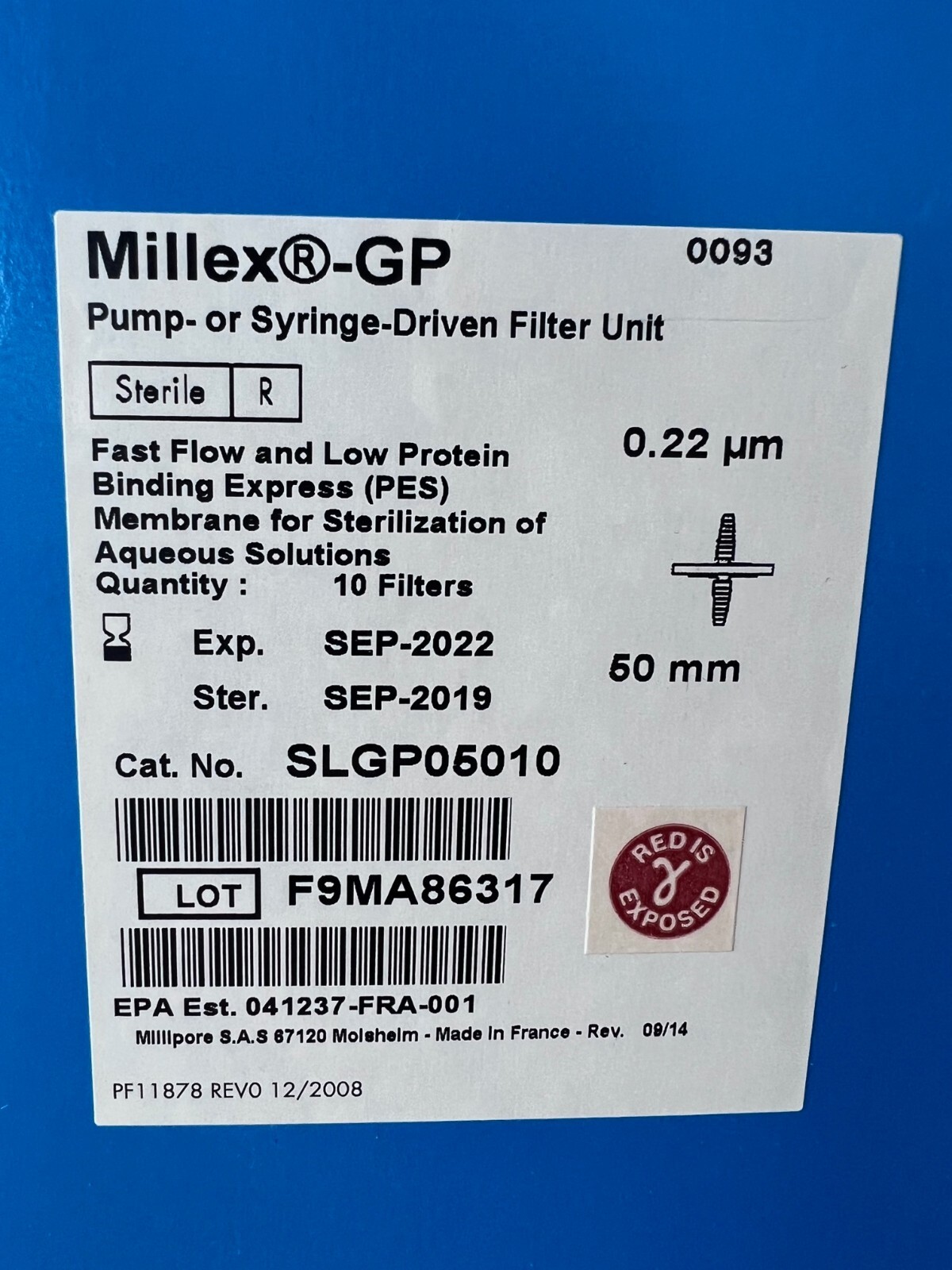 Millipore Millex-GP 50 mm syringe Filter SLGP05010, 0.22 µm pore size Exp 9/2022