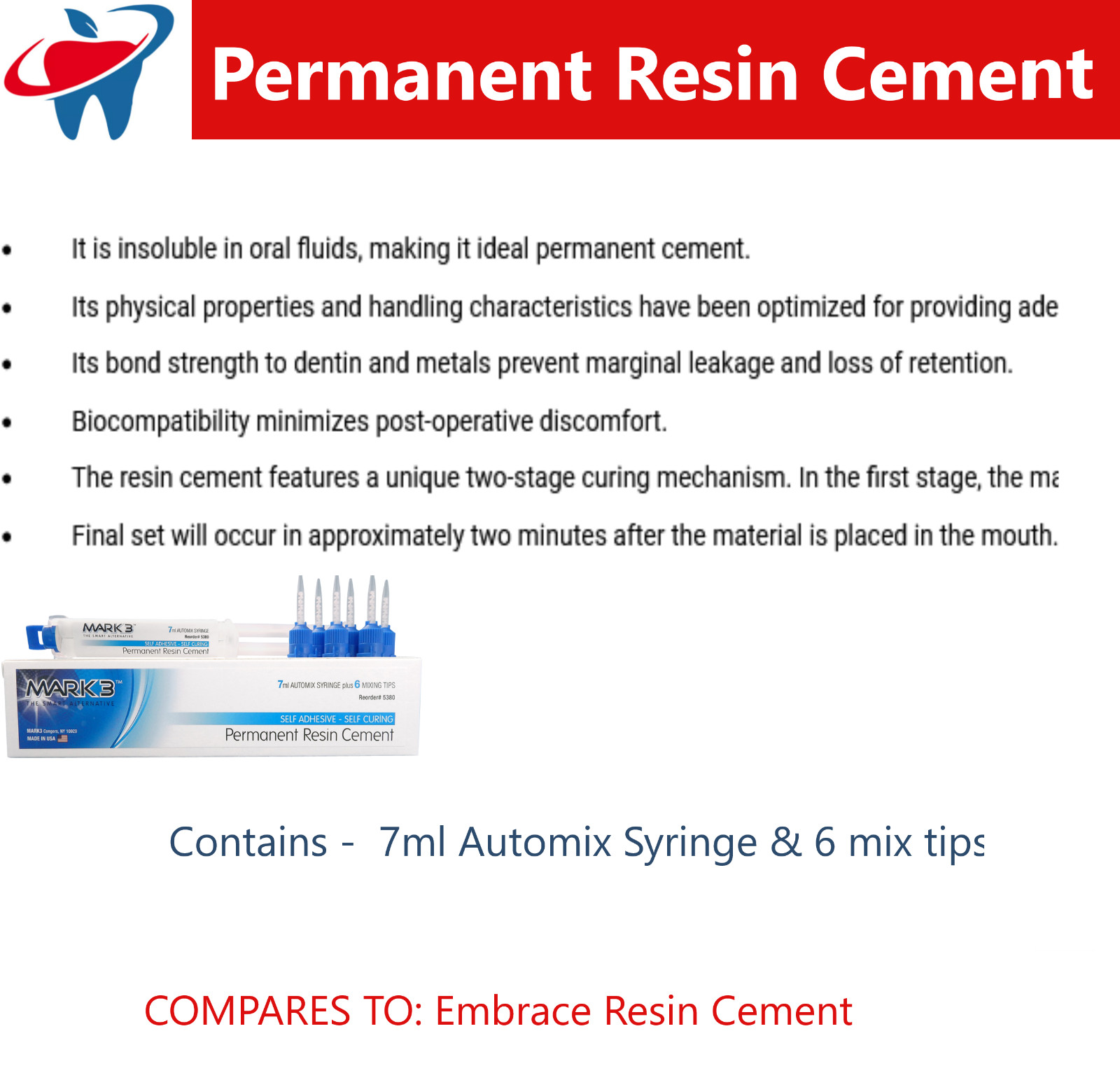 Dental Permanent Resin Cement Self Adhesive Self Curing, 8mL 6 Mix Tip Dual Cure