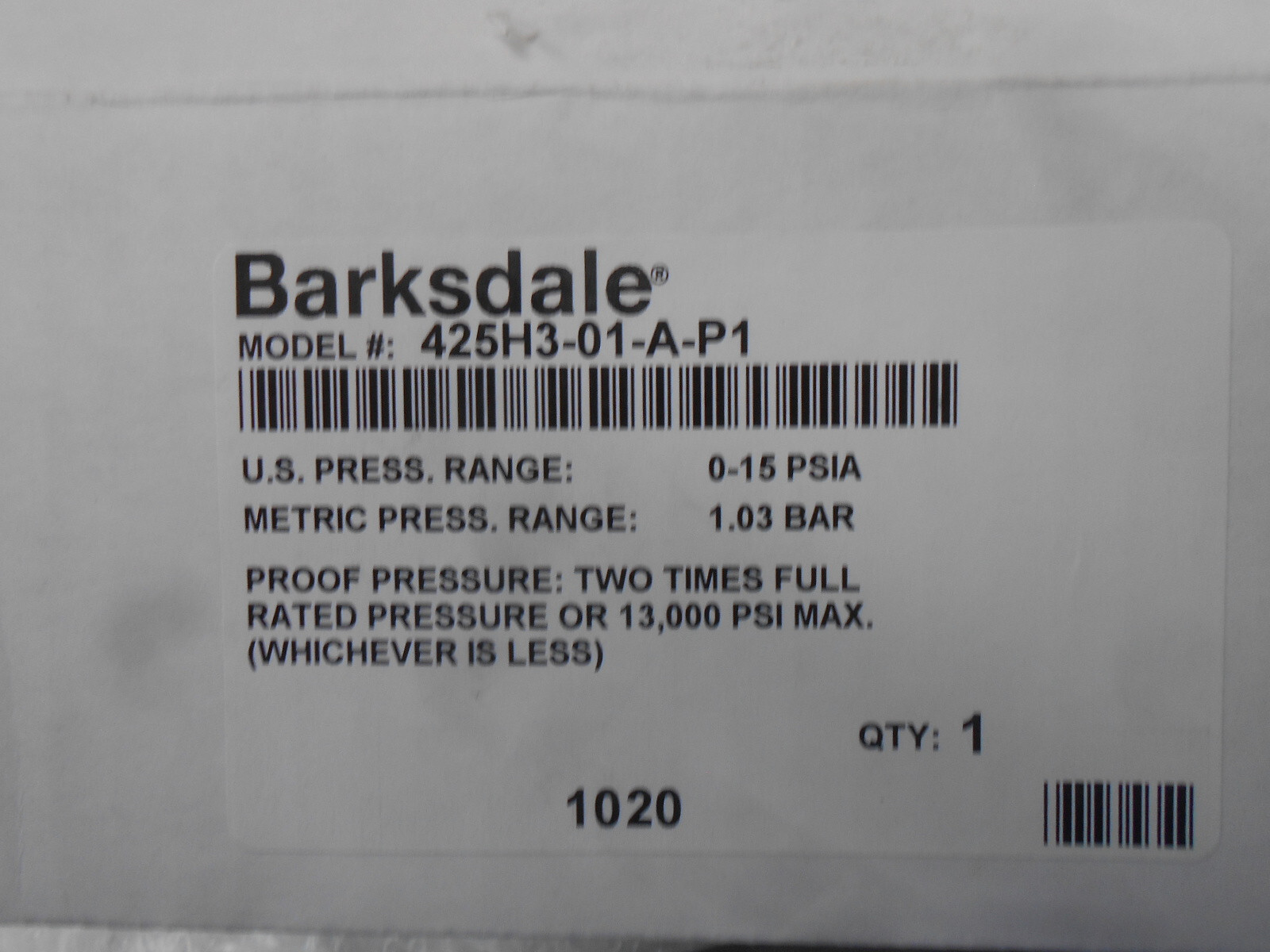 Barksdale 425H3-01-A-P1 0-15PSI 12-30 VDC 4/20mA Pressure Transducer