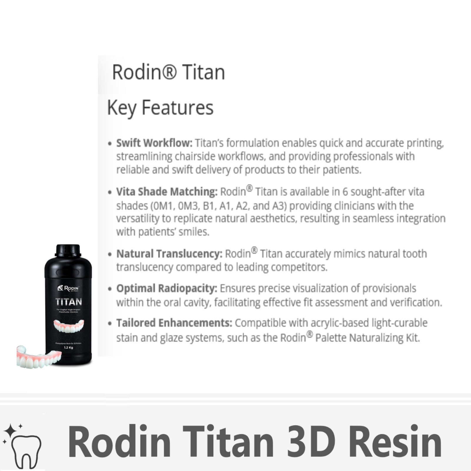 Dental 3D Resin Rodin Titan Ceramic Nanohybrid, 0M1, 0M3, A1, A2, A3, B1, C2