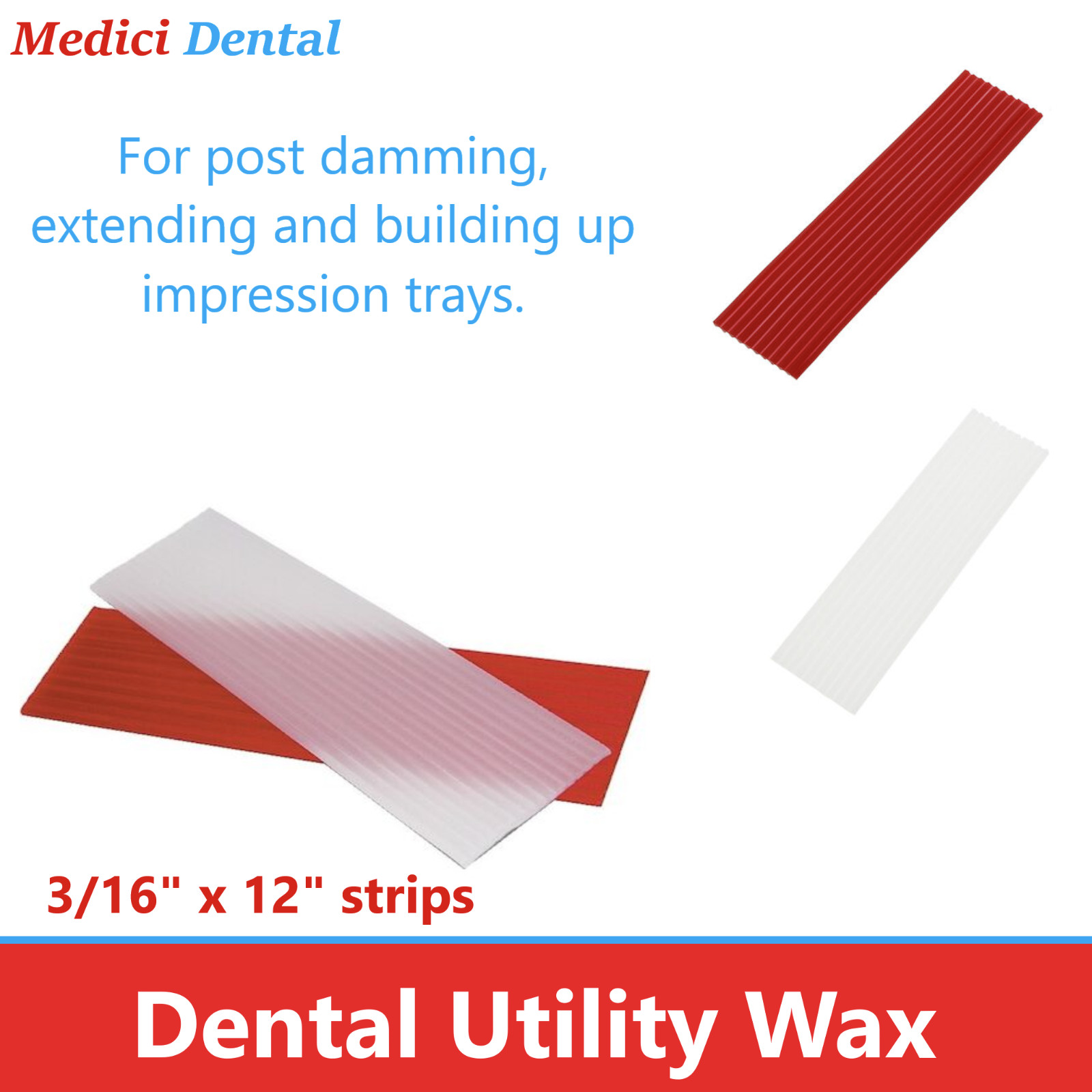 Dental Utility Wax 3/16″ x 12″ strips, Square Rope, Round Strips, White / Red US