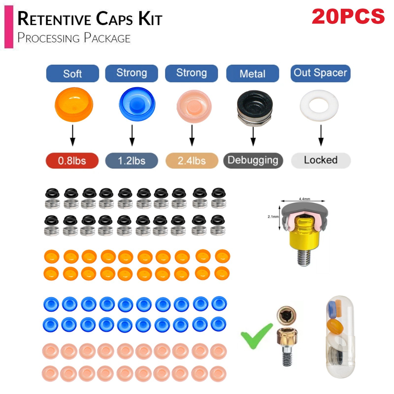 US Locator Overdenture Male Caps PEEK Retention Inserts Lab Housing 20pcs/set