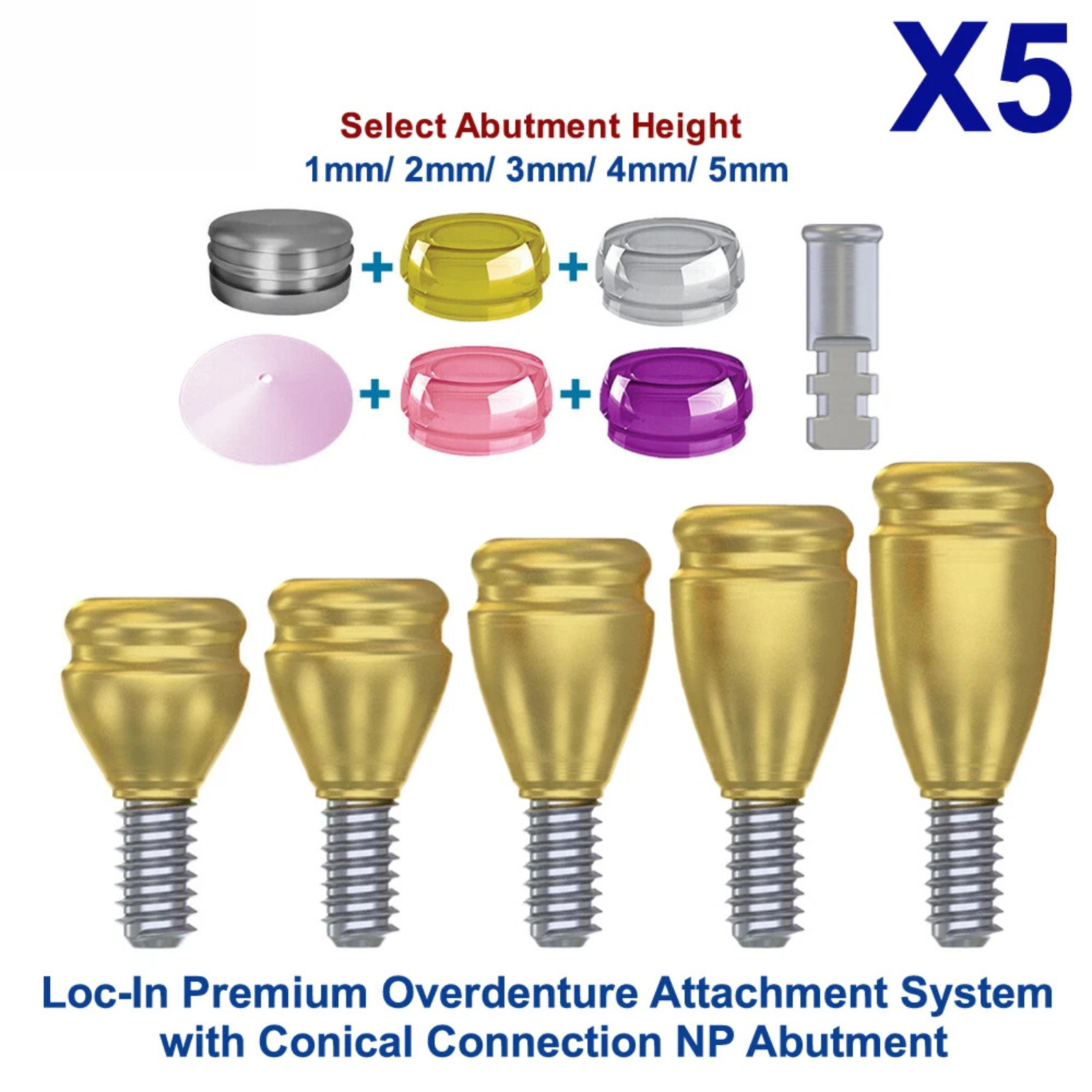 5x Prosthetic KIt Conical Straight Loc In Attachment NP Abut ment 4 Caps Analog