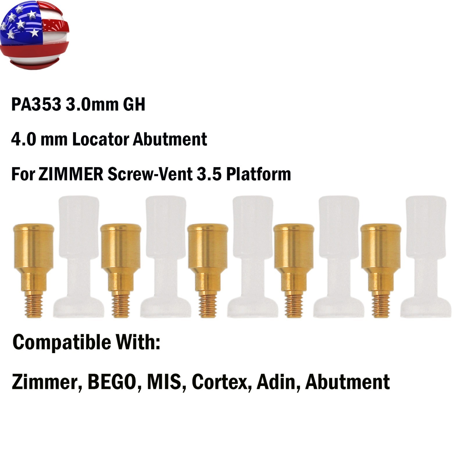 US Zimmer Tapered TSV Locator Abutment 3.5mm Platform w/PEEK Caps Gold Core Tool