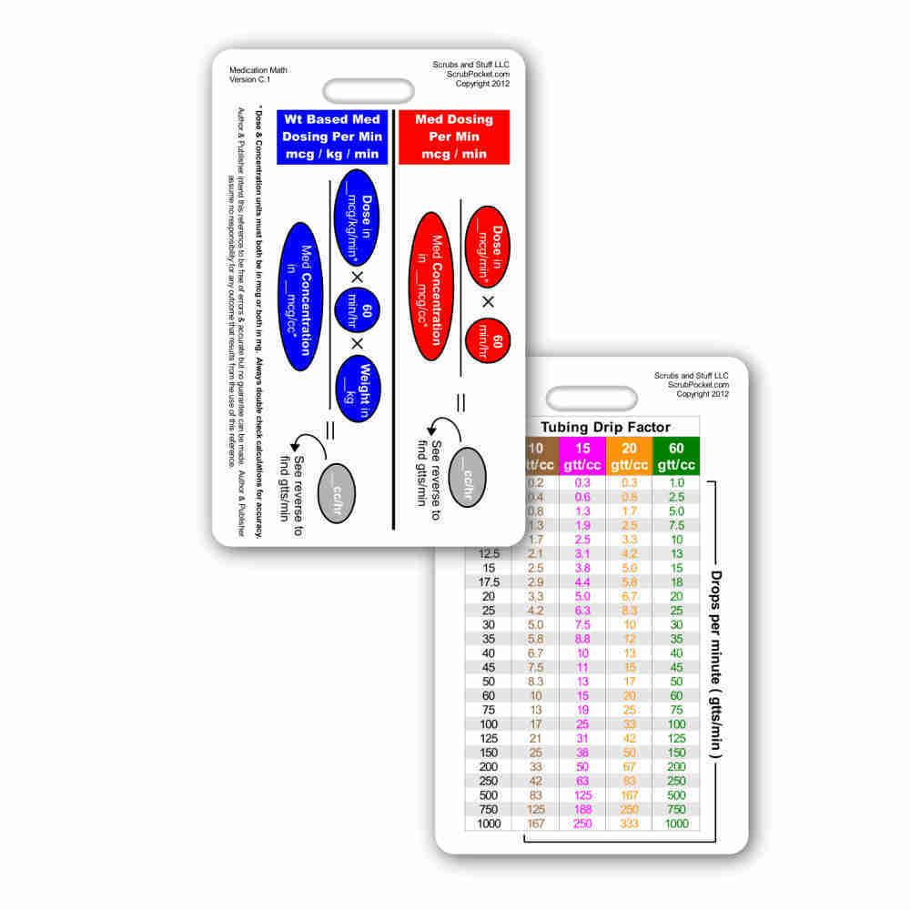 Medication Math Vertical Badge ID Card Pocket Guide Nurse RN Paramedic EMT EMS