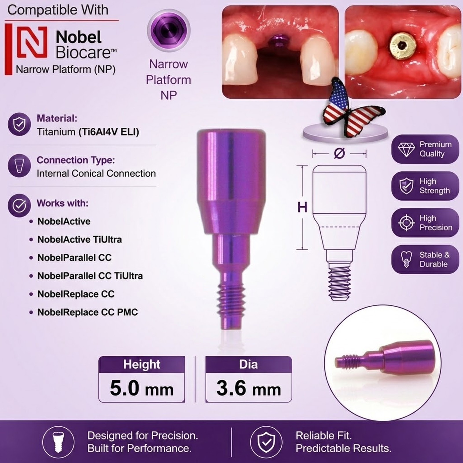 US Nobel Active Nobel Parallel CC Healing Abutment Compatible Conical Connection