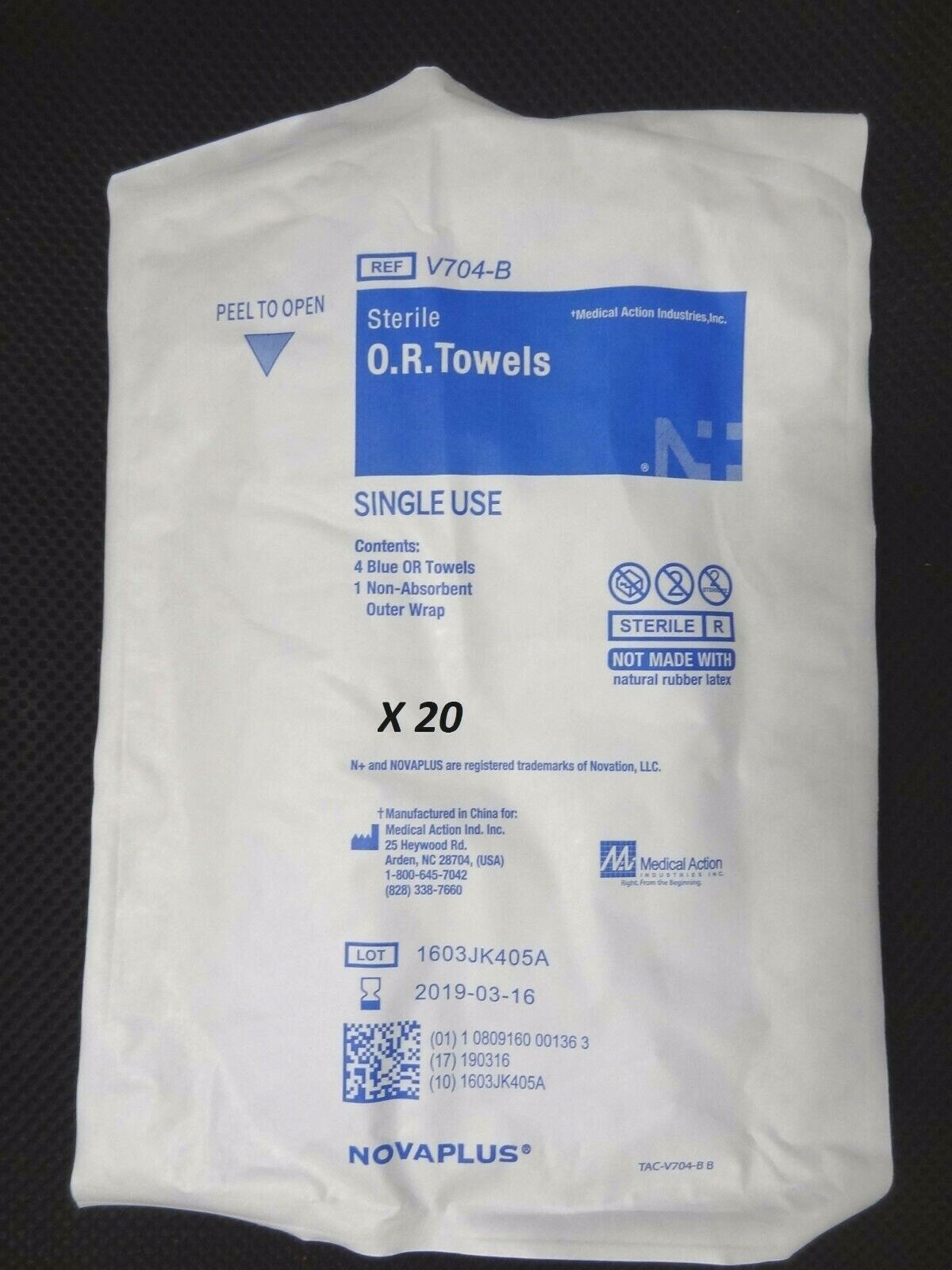 Case of 20 Packs ~ 80 Towels Novaplus O.R. Blue Towels TAC-V704-B