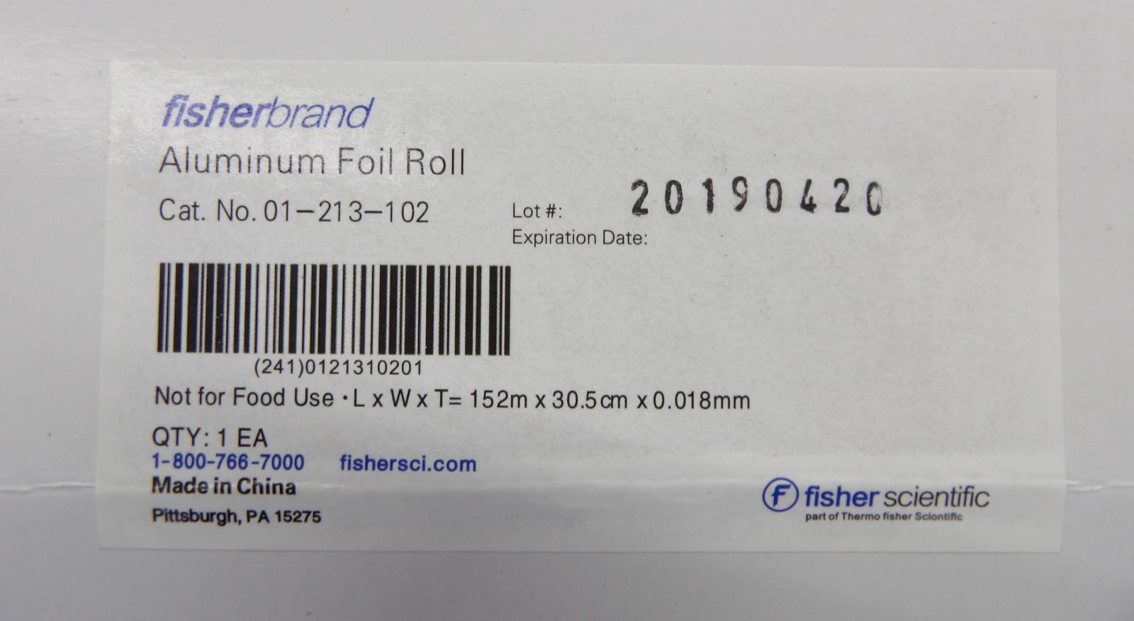 Fisherbrand 01-213-102 Aluminum Foil Roll L x W x T= 152m x 30.5 cm x 0.018mm