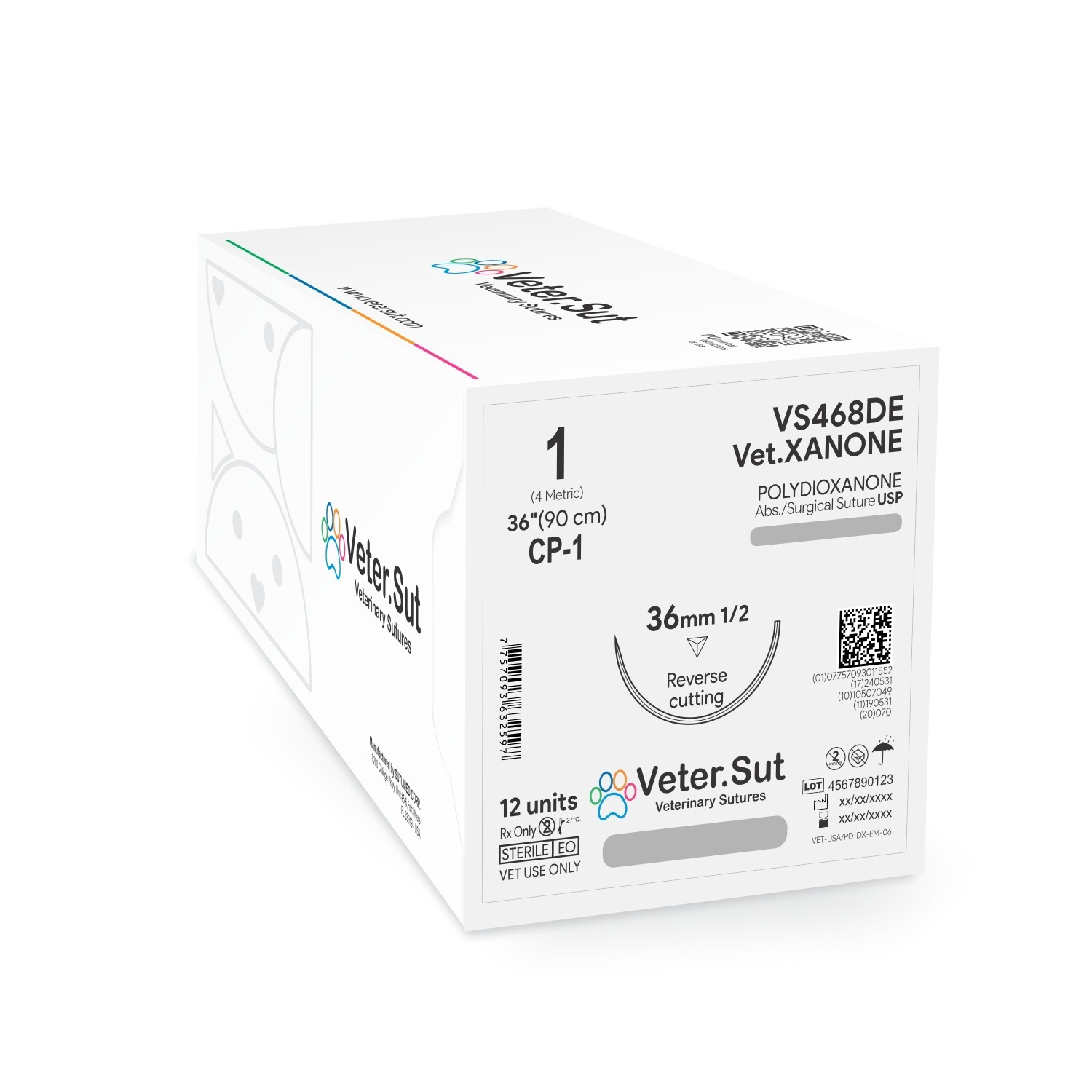 Vetersut Vet-xanone Polydioxanone, USP 1, 1/2 reverse cutting 36mm Sutures