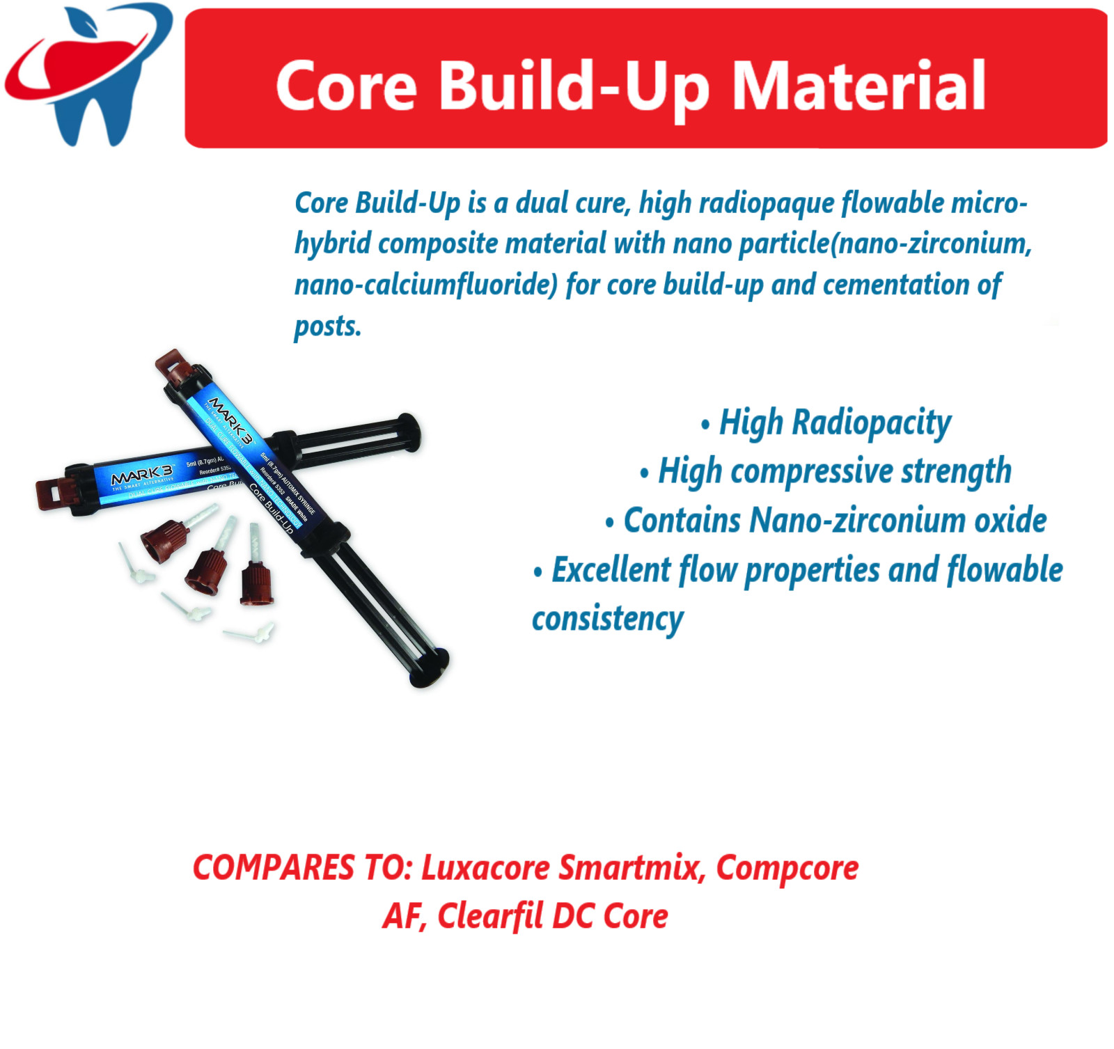 Dental Dual Cure Core Build Up Material, Automix Syringe, Blue, White, A3, USA