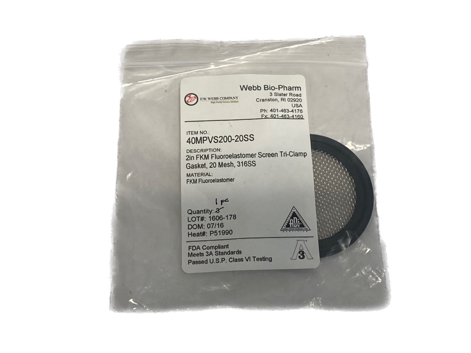 WEBB BIO-PHARM 2” FKM Screen Tri-Clamp Sanitary Gasket 20-Mesh Stainless