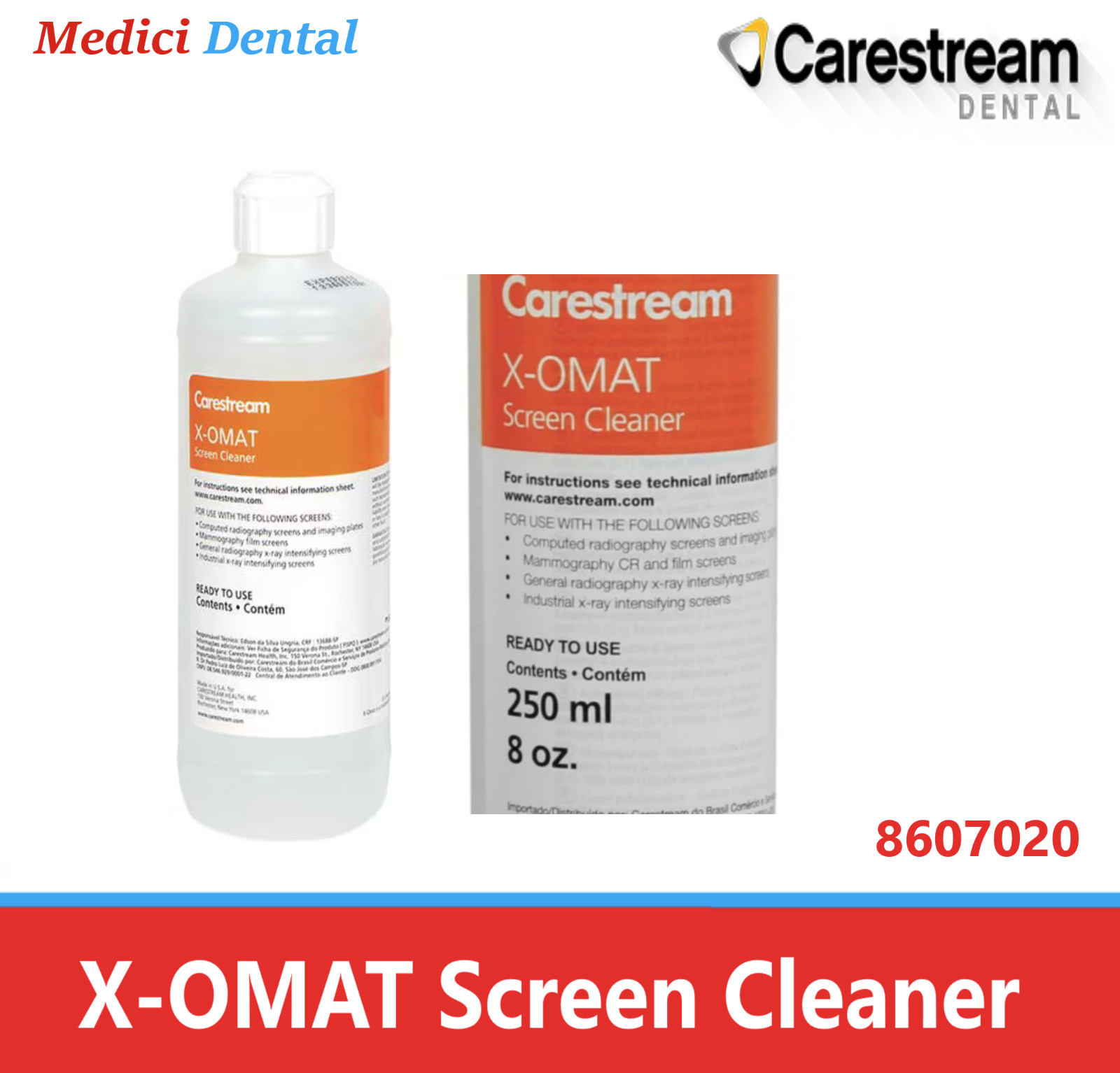 Dental X-OMAT Screen Cleaner, 250mL bottle Cleans Screens and Cassettes