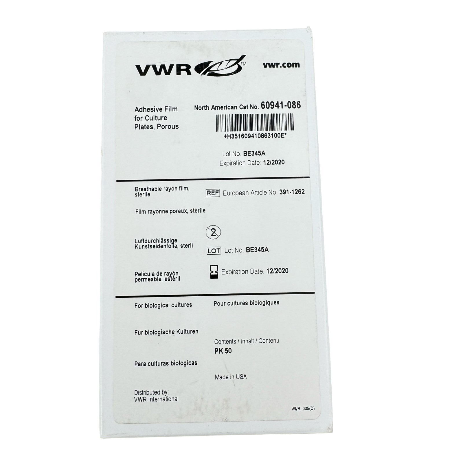 VWR 60941-086 Adhesive Film Culture Plates Porous Breathable PK50 EXPIRED