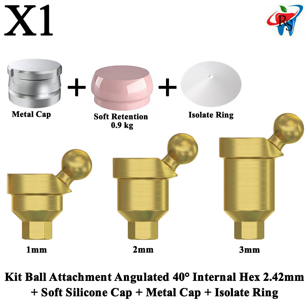 1x Kit Angulated 40° Ball Attachment Soft Silicone Cap Metal Cap Isolate Ring