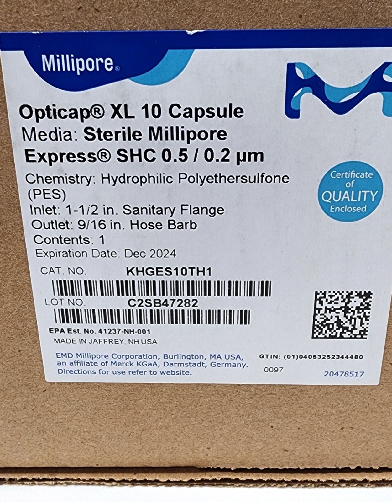 Millipore KHGES10TH1 Opticap XL 10 Capsule Express® SHC 0.5/0.2µm Sterile