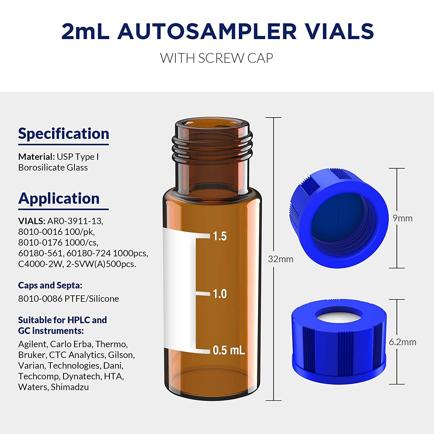 600-2ml HPLC Vials, 9-425 Lab Clear Vials 9mm Blue ABS Screw Caps & Septa for GC