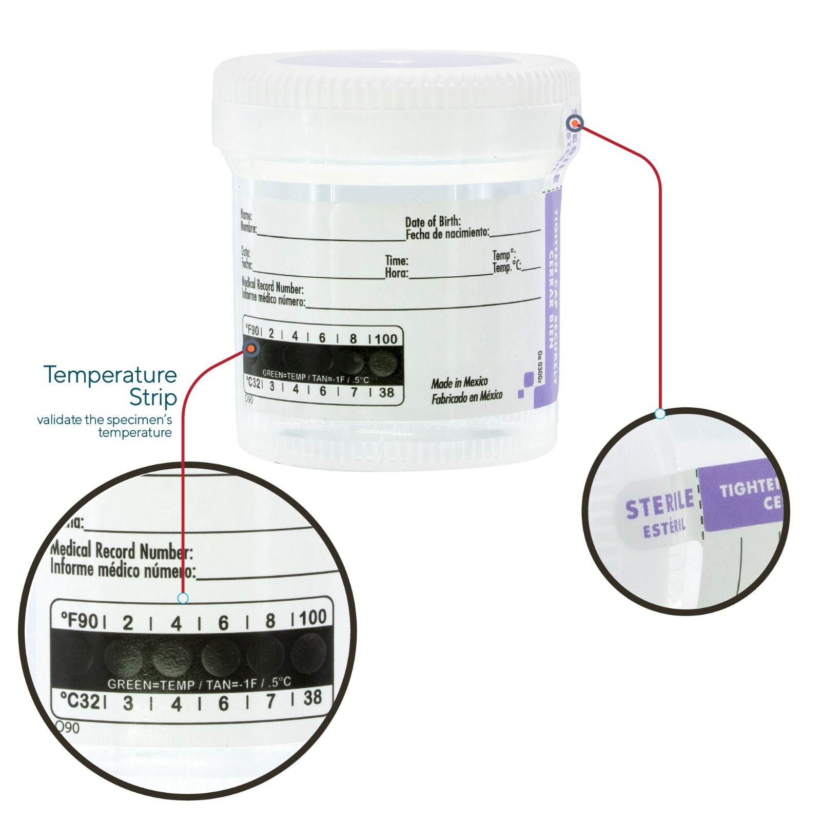 (5) Specimen Cups Urine Collection 120 mL – 3oz W/ LID +ID Area + temperature