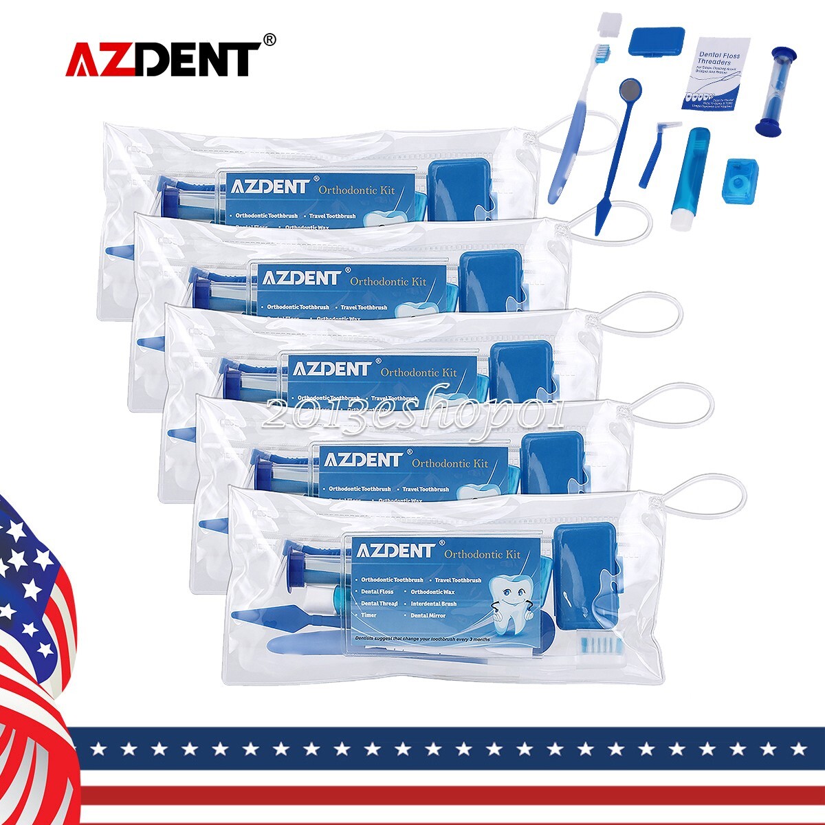 100 kits Ortho Dental Tooth brush Tie Interdental brush Floss Oral Care Kit Blue