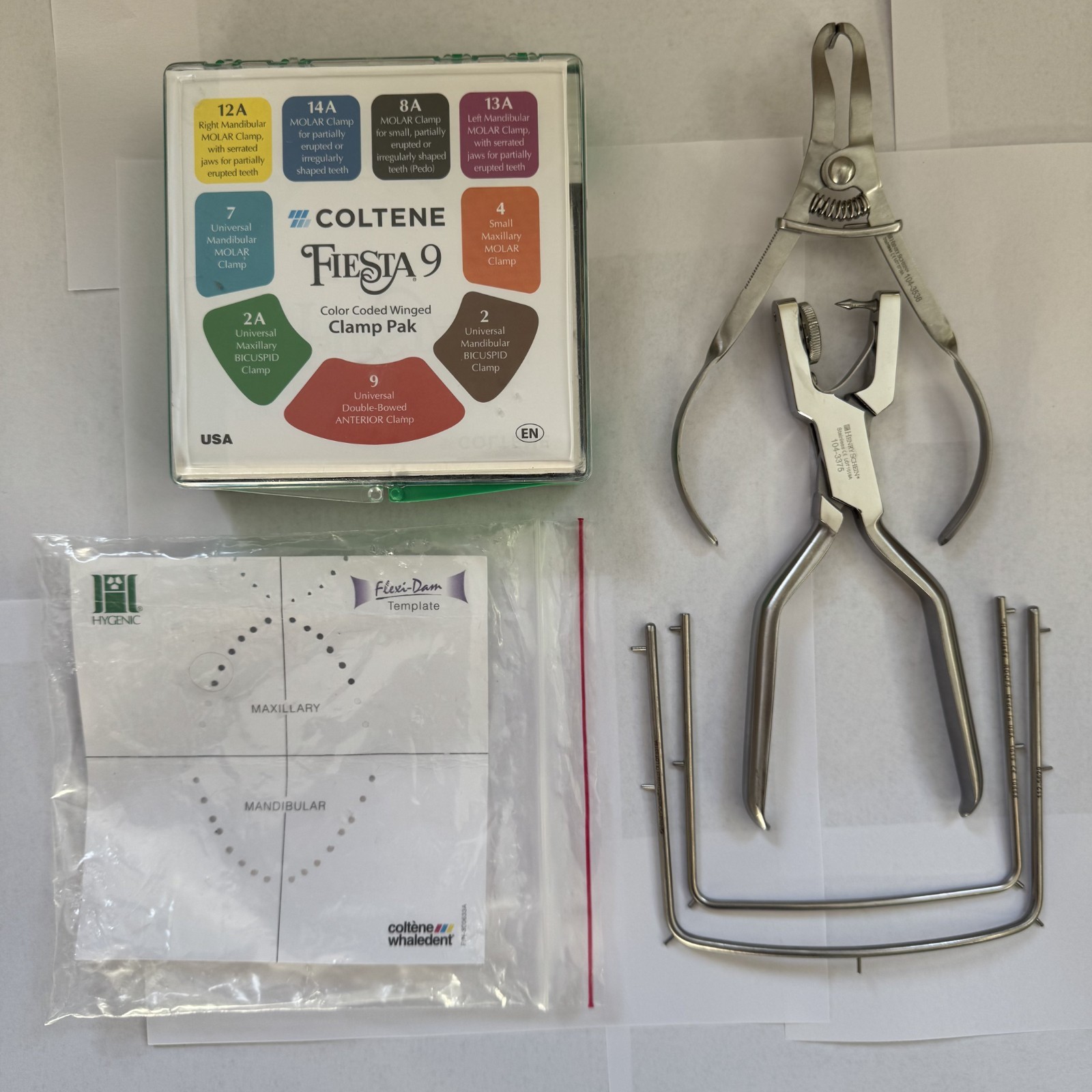 Endodontic Kit: Forceps, Punch, Frame, Clamp (Coltene, Henry Schein, Hu-Friedy)