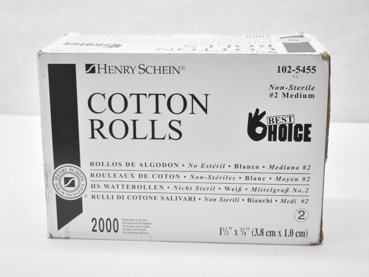 Henry Schein 102-5455 Cotton Rolls Non Sterile #2 Medium 2000 Pack 1-1/2″ x 3/8″