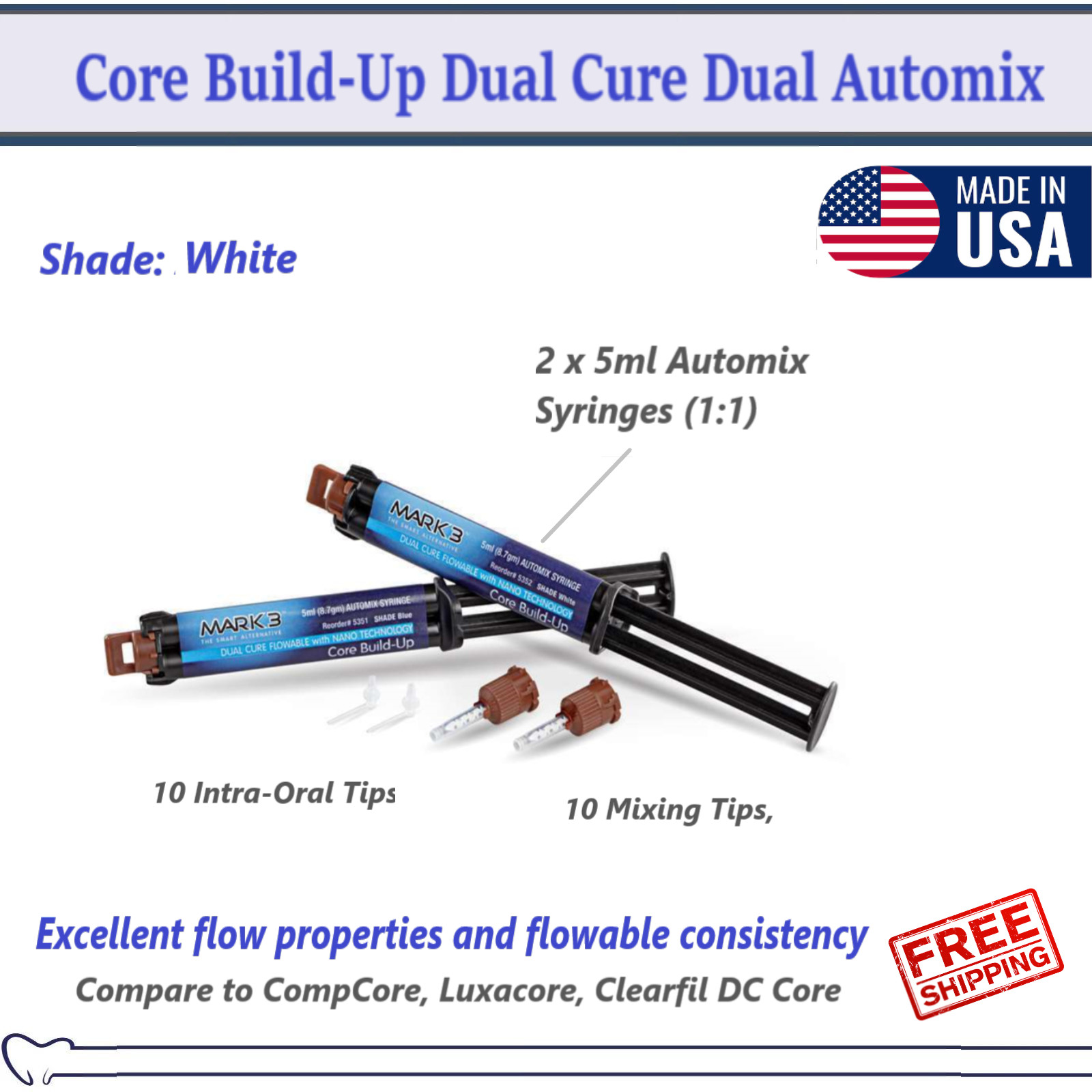 Dental Core Build-Up Material Dual Cure Automix Syr 1-2/pk Shade: A3, White,Blue