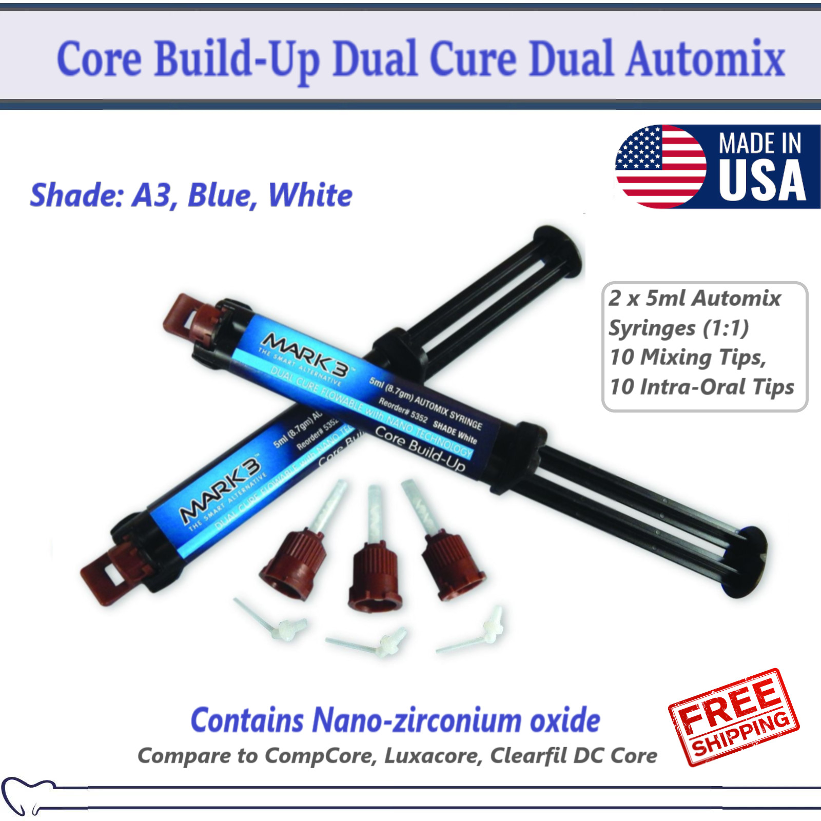 Dental Core Build-Up Material Dual Cure Automix Syr 1-2/pk Shade: A3, White,Blue