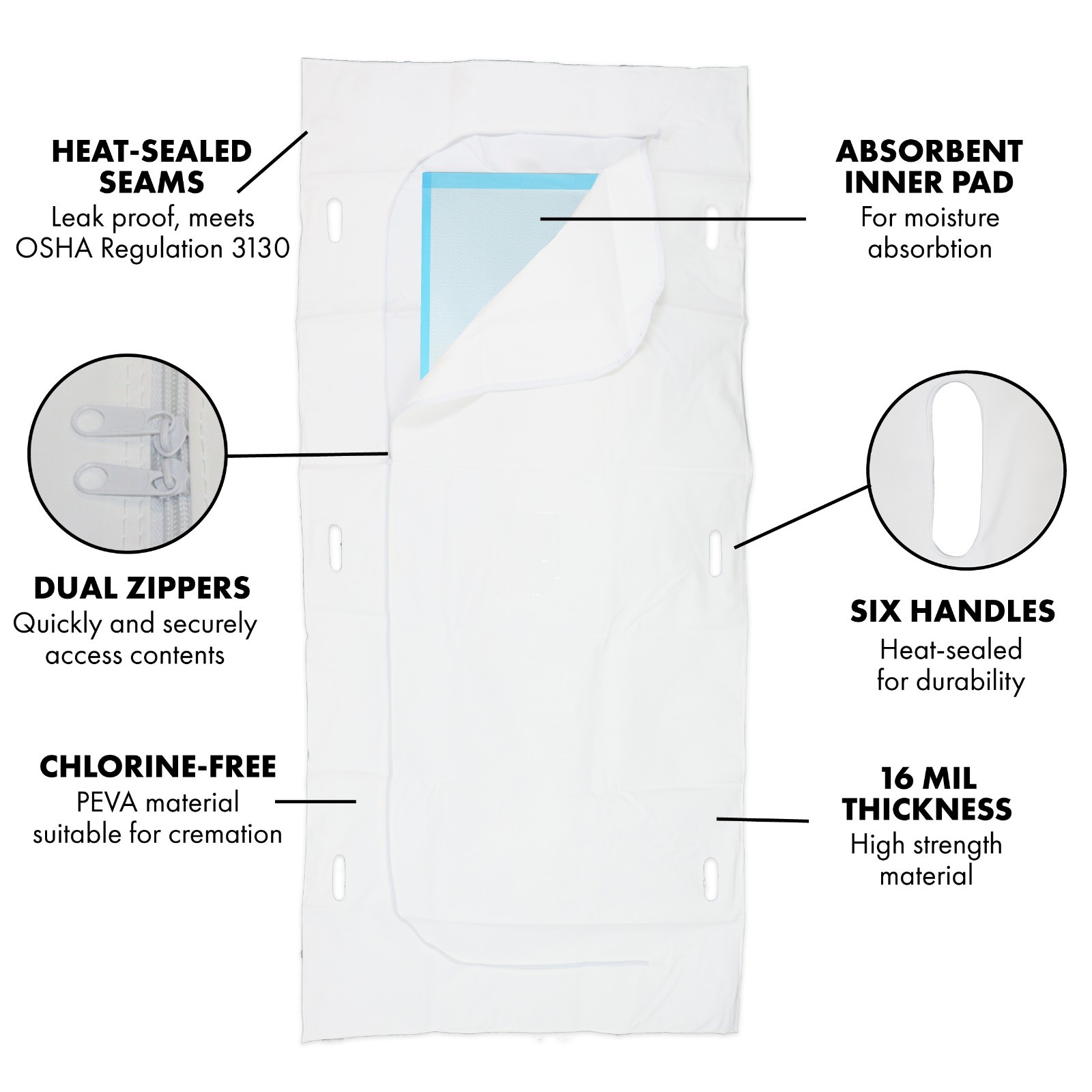 Body Bags – 16 Mil 6 Handle Adult Size with Absorbent Pad (Case of 5)