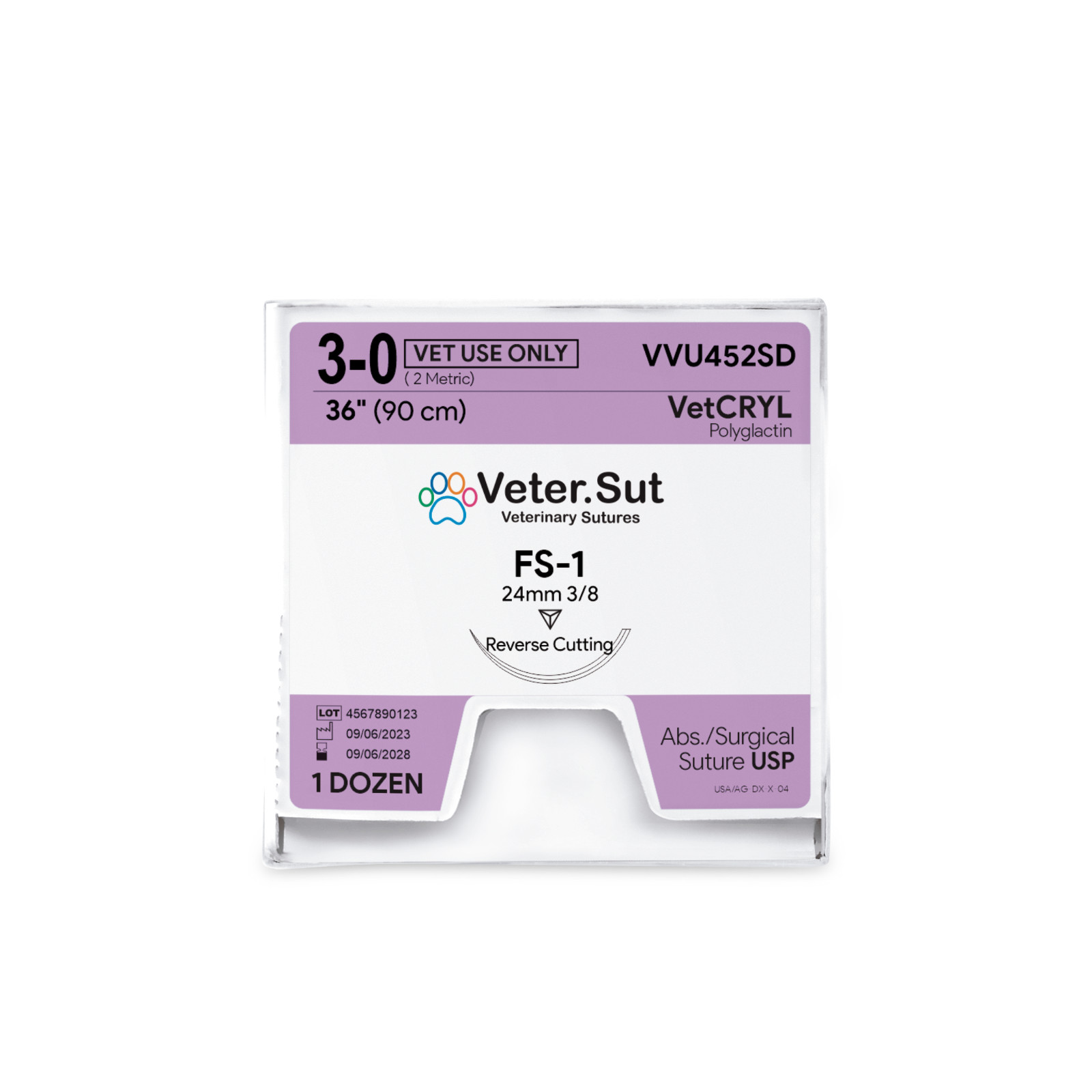 Vet-Cryl Polyglactin, USP 3-0, 3/8 24mm reverse cutting Veterinary Sutures