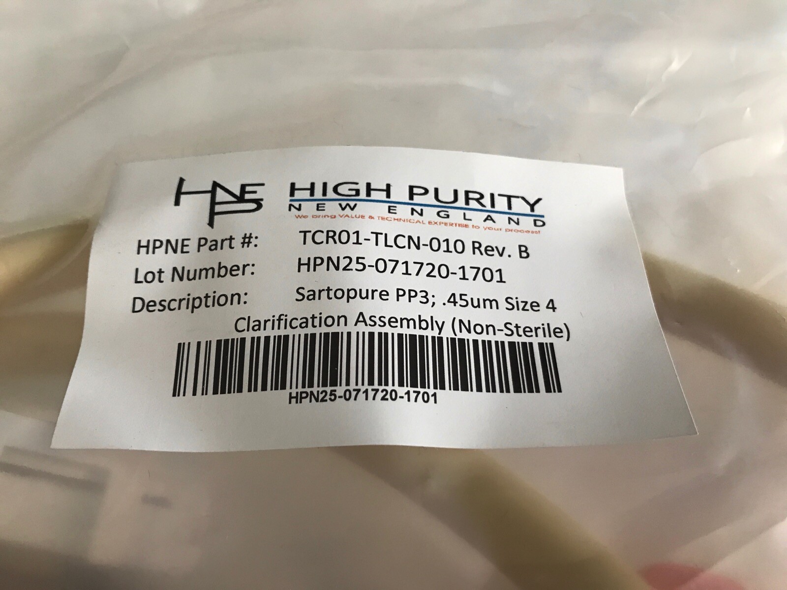 HIGH PURITY Sartopure PP3 Flow Path Filter Assembly 0.45um Size 4 TCR01-TLCN-010