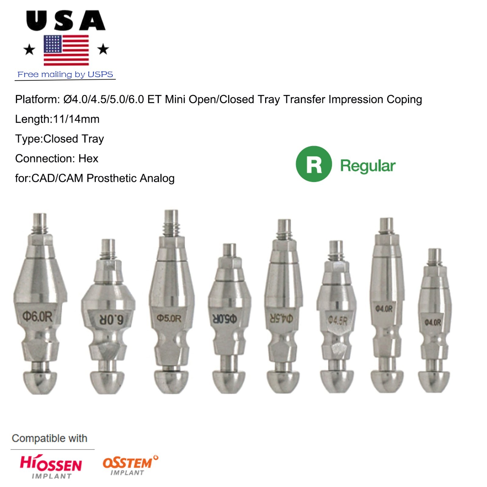 Implant Impression Coping Open/Close transfer fit Hiossen OSS Regular Lab Analog