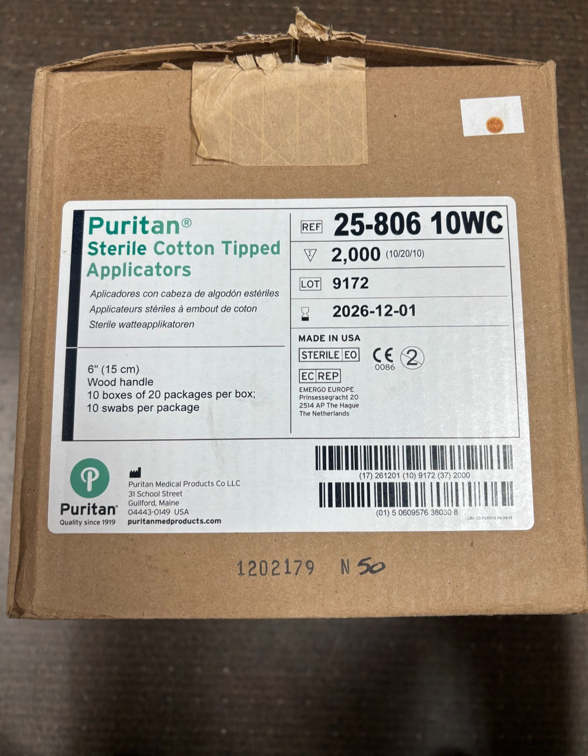25-806 10WC Puritan Sterile Cotton Tipped Applicators 6″, wood handle (Box/200)